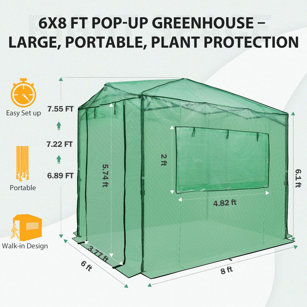 EAGLE PEAK 8x6 Easy Setup Pop Up Greenhouse, Clear/Green Walk-In Greenhouses for Outdoors, Green House for Winter Protection, Roll-Up Doors & Mesh Windows, One Person Setup