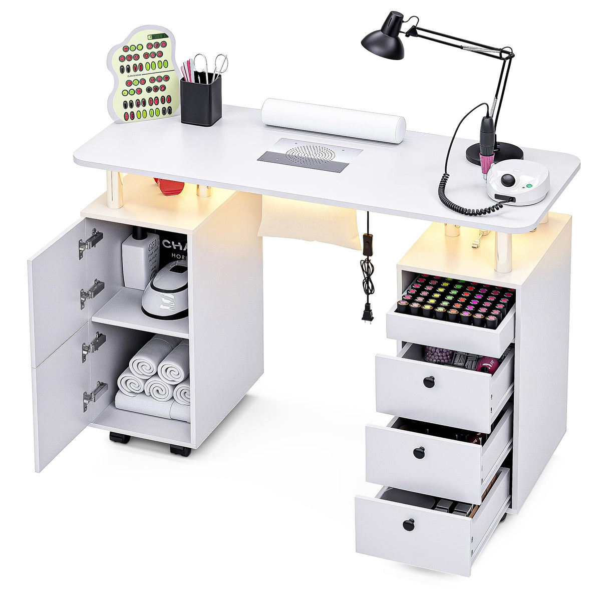 Nail Desk for Nail Tech w/Electric Dust Collector, Rolling Manicure Table w/Lockable Wheels, Storage Drawers, Wrist Cushion, Acetone Resistant, for Nail Beauty Salon Workstation (White)