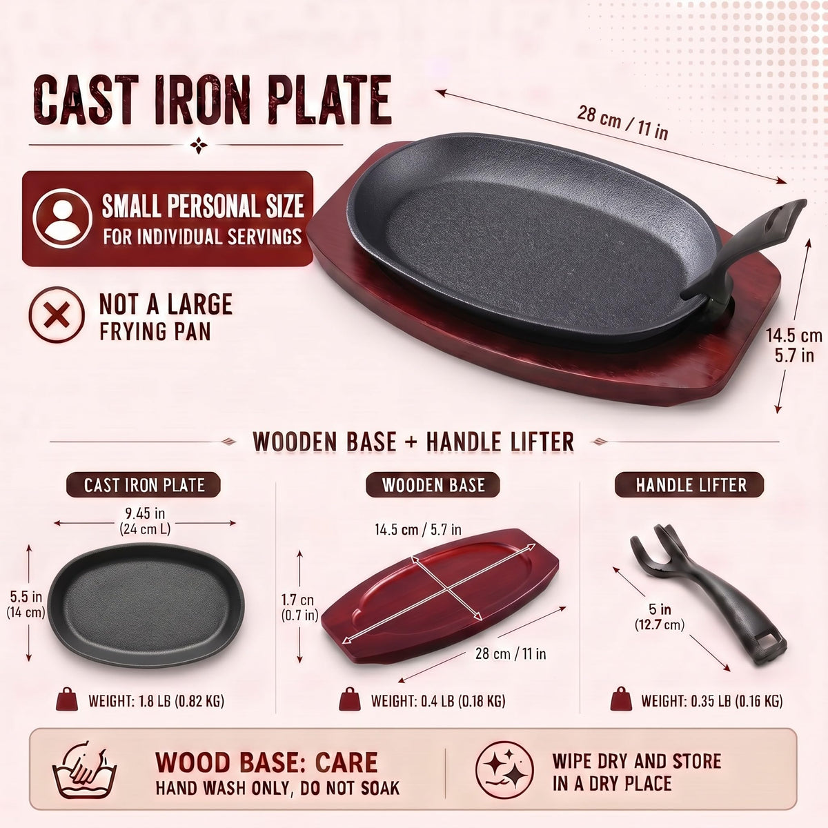 Mifoci 6 Pcs Oval Cast Iron Fajita Skillet Pan Set Small Sizzling Steak Plate with Wooden Base and Handle Cast Iron Fajita Skillet Sizzling Plate for Restaurant BBQ (9.5 in x 5.5 In)
