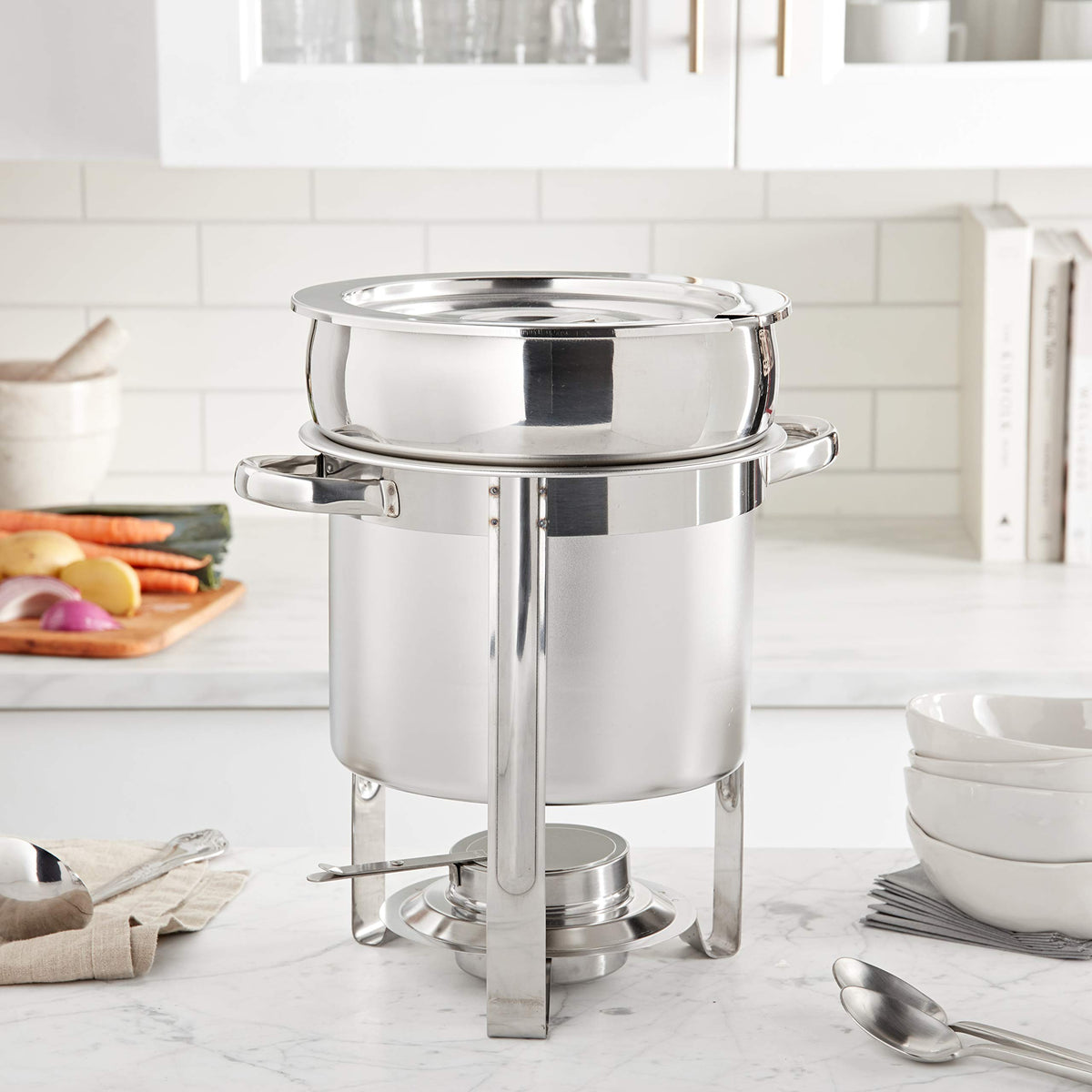 Winco 15 qt Stainless Steel Brazier Pan with Lid Flat bottom, Wide base, Riveted handles, Induction safe, Great for Braising, Simmering, Batch Cooking and Restaurant Kitchens