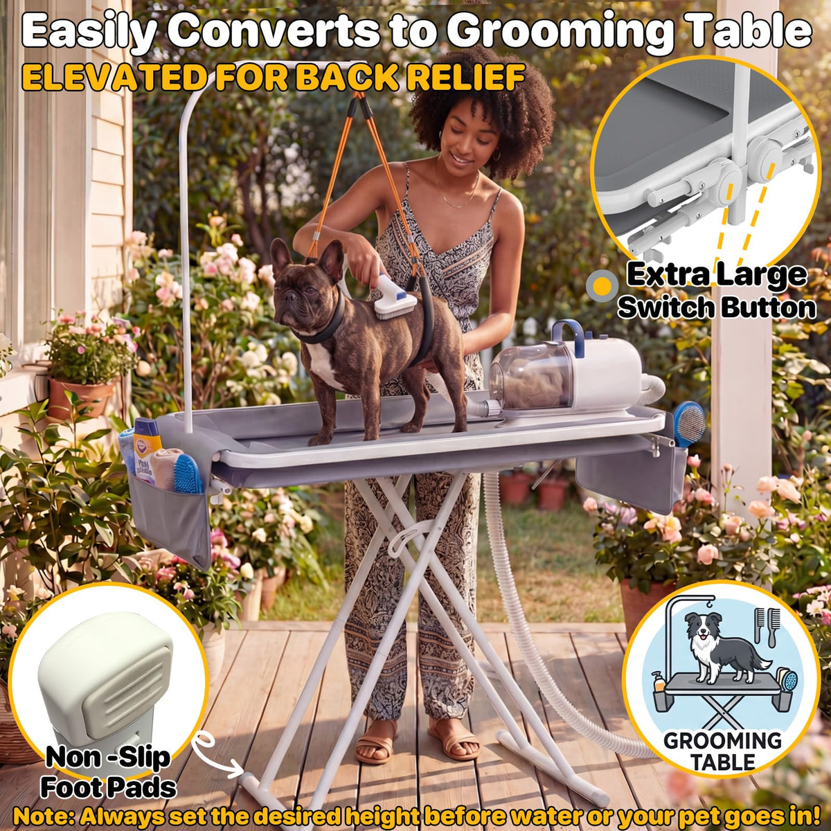 PAWZIDEA 2-in-1 Dog Bathtub & Grooming Table 33" for Small to Medium Dogs 5 Height Adjustable Elevated Pet Bath Tub & Foldable Washing Station for Dogs Cats up to 40lb, Storage Pocket, Indoor Outdoor