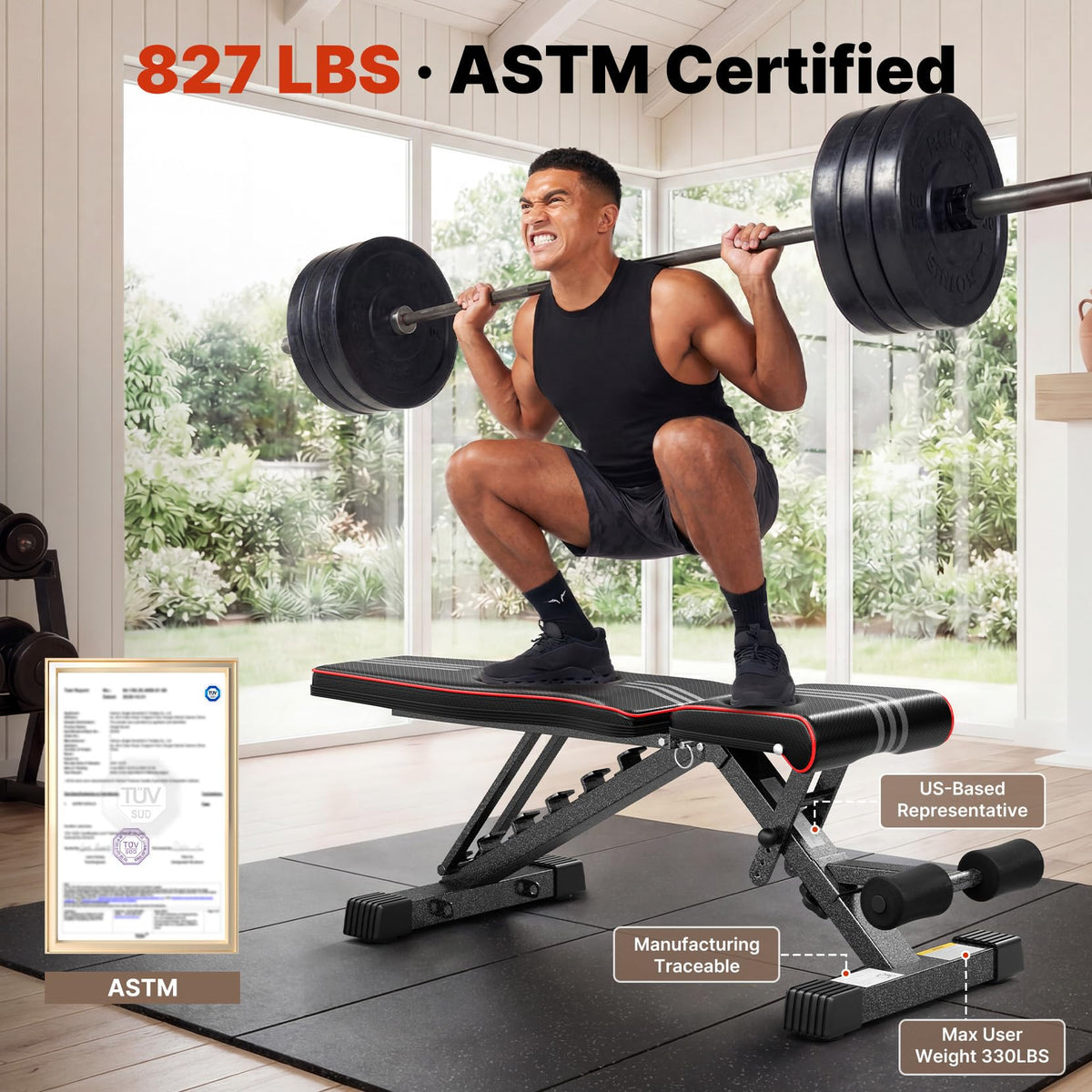 YOLEO Adjustable Weight Bench, ASTM-Certified 827LBS 98% Pre-Assembled, 84-90 Positions Incline Decline Flat, Foldable Gym Bench with Wider Seat for Home Gym(L-XL)