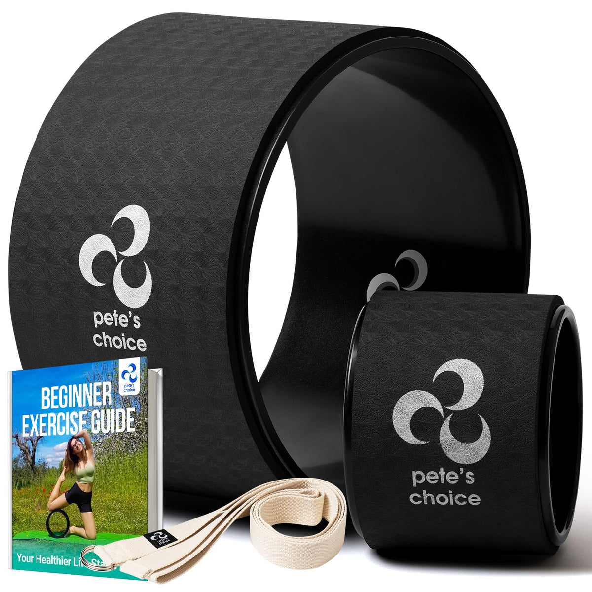 Yoga Wheel Set - Extra Wide Jumbo Wheel & Mini Massage Wheel Stretching Strap with Starter Guide - Deep Stretches Plus Targeted Muscle Relief - Relieve Back Pain & Improve Mobility