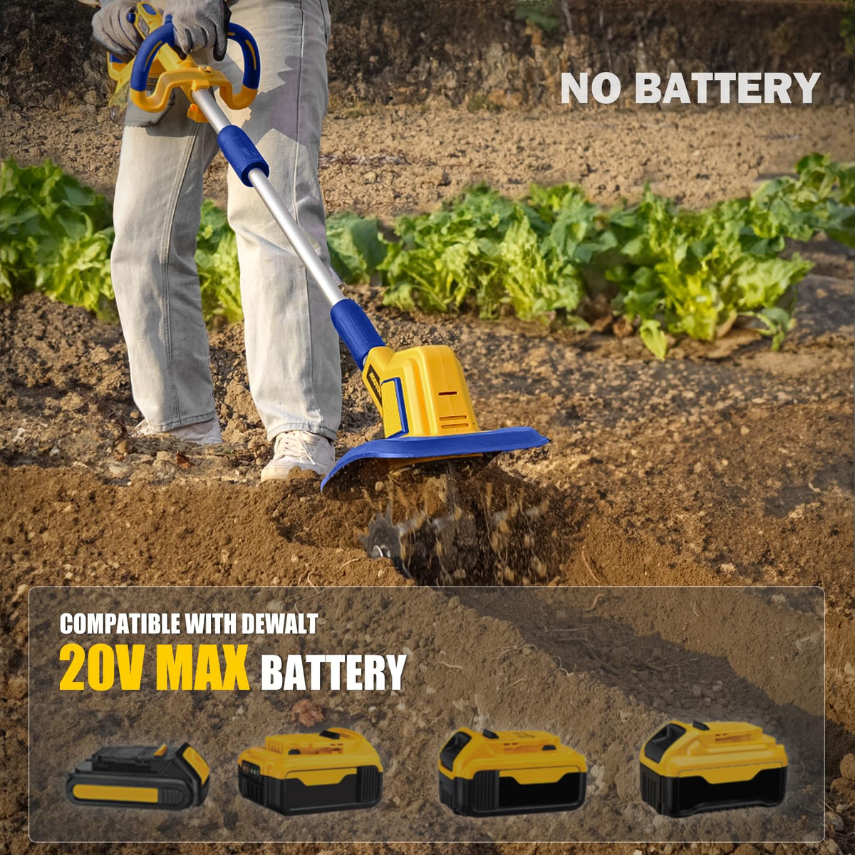 Cordless Tiller Cultivator Compatible with Dewalt 20V Battery(Tool Only), 360RPM Battery Powered Garden Cultivator, 9In Tilling Width & 7In Depth Tiller for Gardening