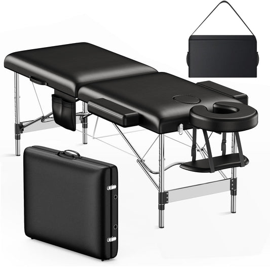 Brelley 2-Fold Aluminum Adjustable Massage Table Portable 22.8" W Black Aluminum Frame Adjustable Height, with Side Pocket & Carrying Bag, Esthetician Spa Facial Tattoo Bed, 490Lbs Load Capacity
