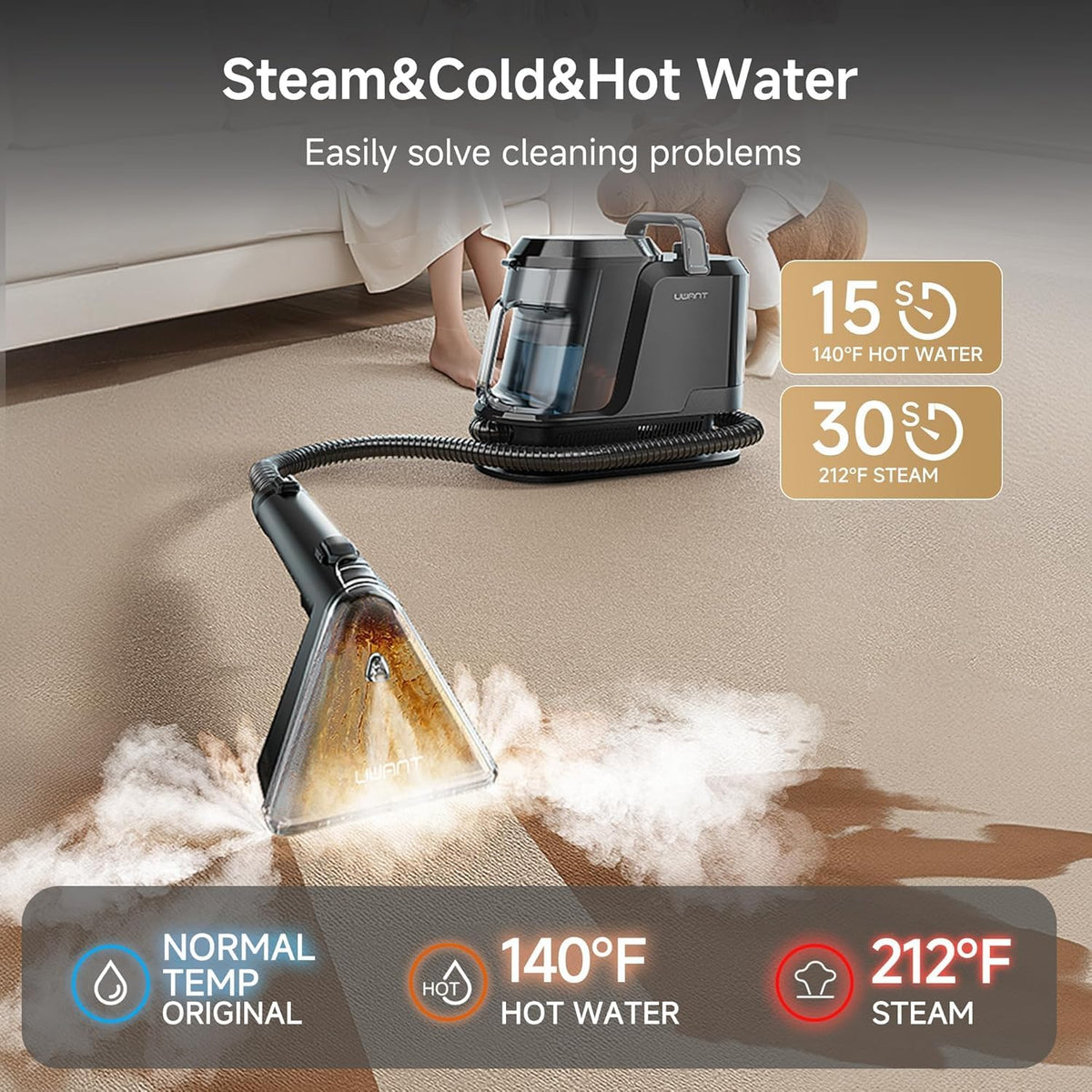 Uwant Carpet Cleaner Machine with Steam&Hot&Cold Water System, 18KPa Powerful Suction, Multi-Purpose Upholstery Cleaner for Carpet, Stairs, Sofa & Pet Messes, Portable Carpet Steam Cleaner Set of 1