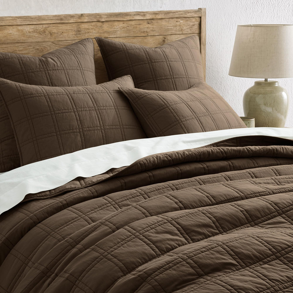 HORIMOTE HOME 100% Cotton Quilt Set King Size, Earth Brown Pre-Washed Bedspreads Coverlet Set in Geometric Pattern, Cozy Lightweight Stitching Decorative Bedding Cover with 2 Shams for All Season