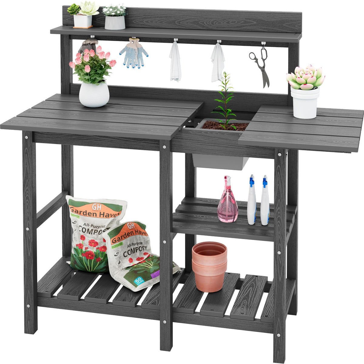 SERWALL Outdoor Potting Bench with Removable Sink,Gardening Table,Grey Waterproof HDPE Structure,Expandable Tabletop,Spacious Storage,Tool Hooks,Perfect for Gardening Use