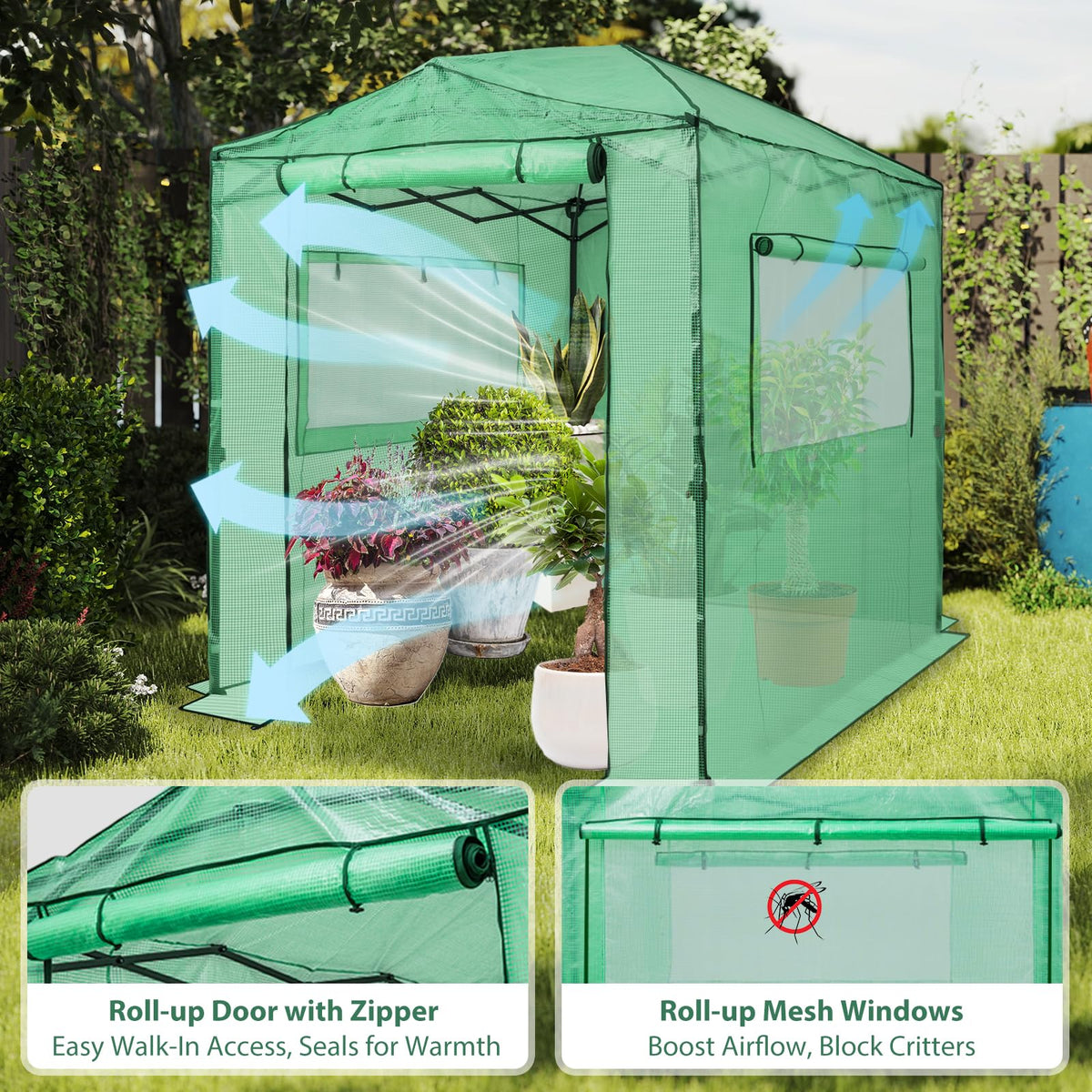 EAGLE PEAK 8x6 Easy Setup Pop Up Greenhouse, Clear/Green Walk-In Greenhouses for Outdoors, Green House for Winter Protection, Roll-Up Doors & Mesh Windows, One Person Setup