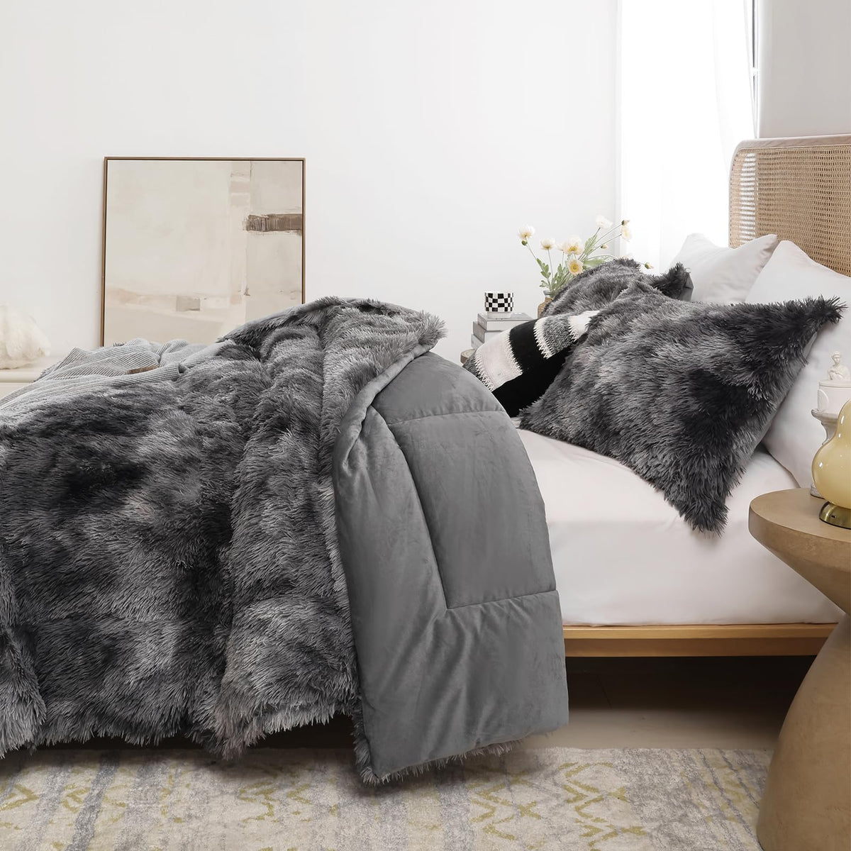 Smoofy Fluffy King Size Comforter Set Tie-dye Grey Faux Fur Comforter 3 Pcs Luxury Fuzzy King Bedding Set, Soft Plush Bed Set for All Season, 1 Cozy Comforter & 2 Pillowcases