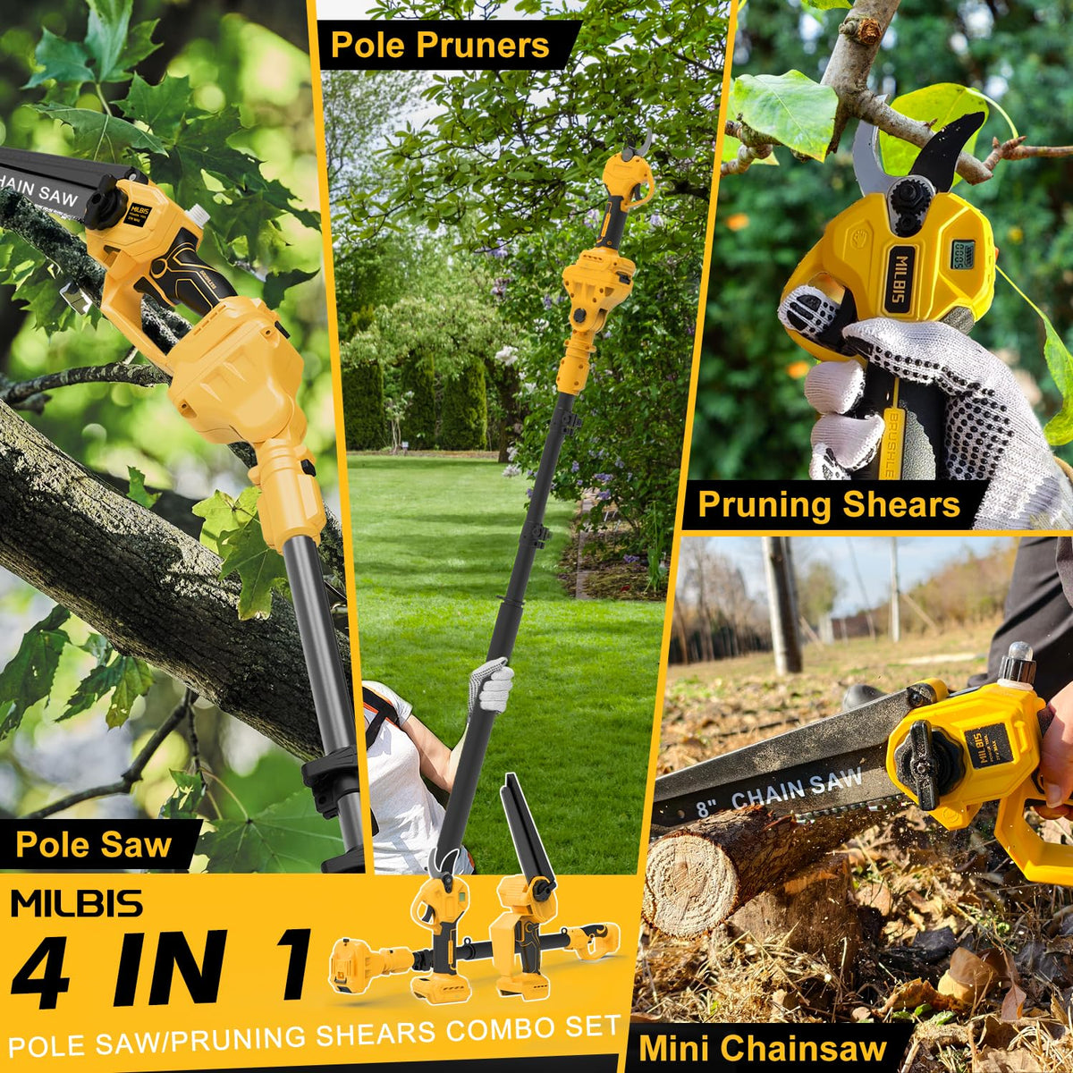 4-in-1 Cordless Pole Saw & Electric Pruning Shears for DeWalt 20V Battery 8 Inch Brushless Mini Chainsaw with Extension Pole, 15 Ft Reach, Auto Oiling, for Tree Trimmer Branch Cutter(NO Battery)