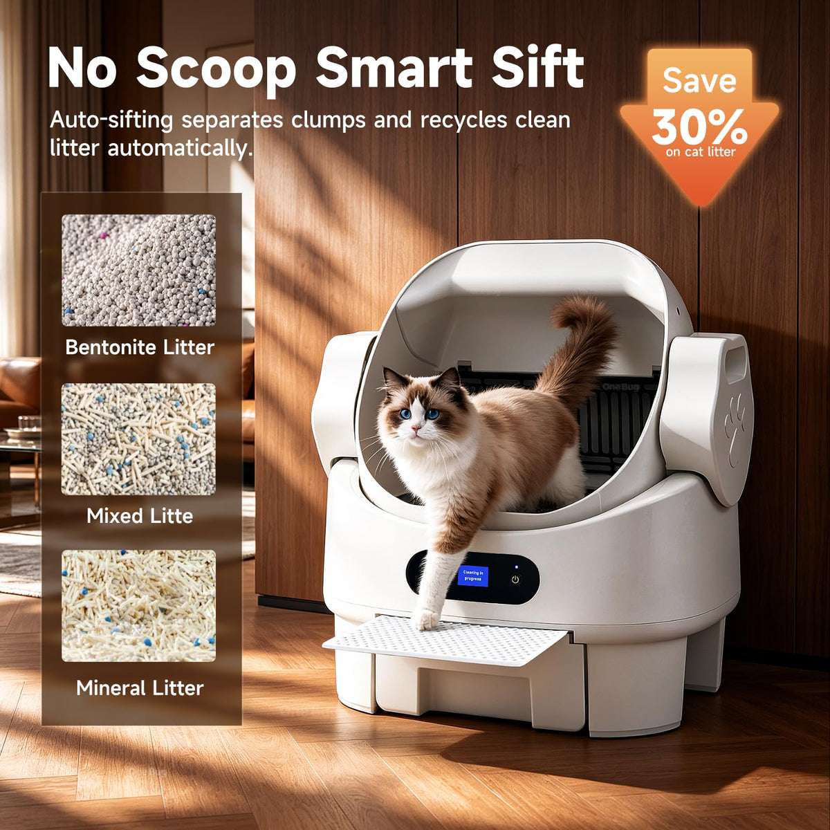 Self Cleaning Open Top Automatic Multiple Cat Litter Box, White Multi-Sensor Safety, Ultra-Quiet, Large Waste Bin, Easy Setup, Easy Clean, for Multi-Cat Homes
