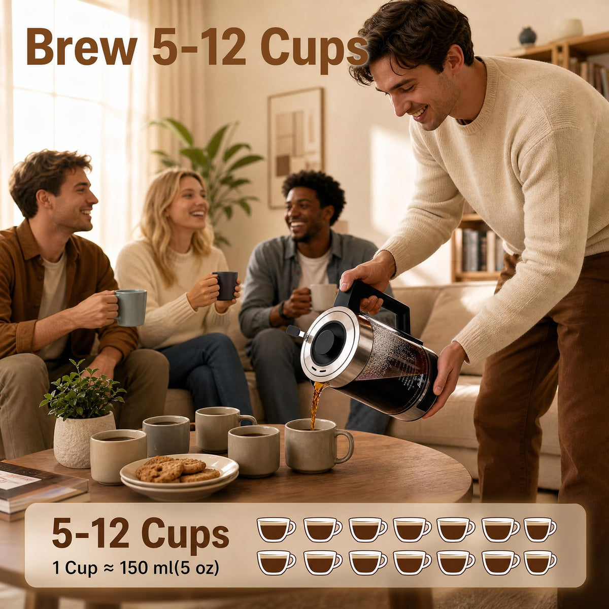 12-Cup Electric Percolator Coffee Pot, 3 Brew Strength Settings 24-Hour Delay Brew, One-Touch Brewing Coffee Maker with BPA-Free Borosilicate Glass Carafe, Auto Keep Warm