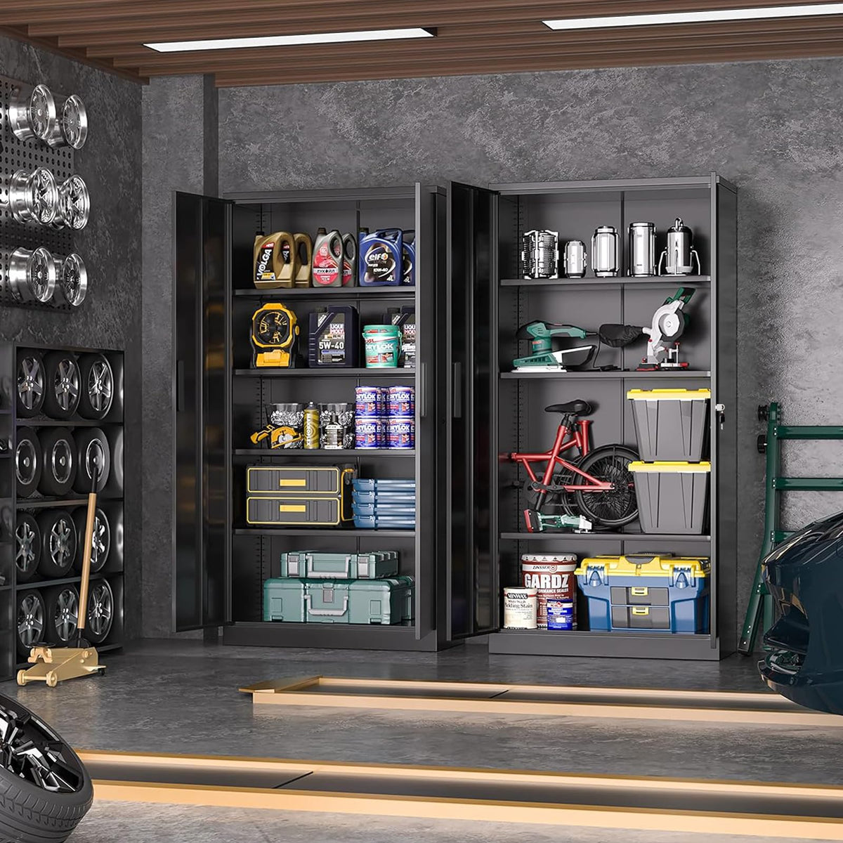 Greenvelly Metal Cabinet, 72” Black Tool Steel Locking Cabinet with Doors and 4 Shelves, Tall Cabinets for Garage Storage Systems Lockable File Cabinet for Home Office, Classroom/Pantry