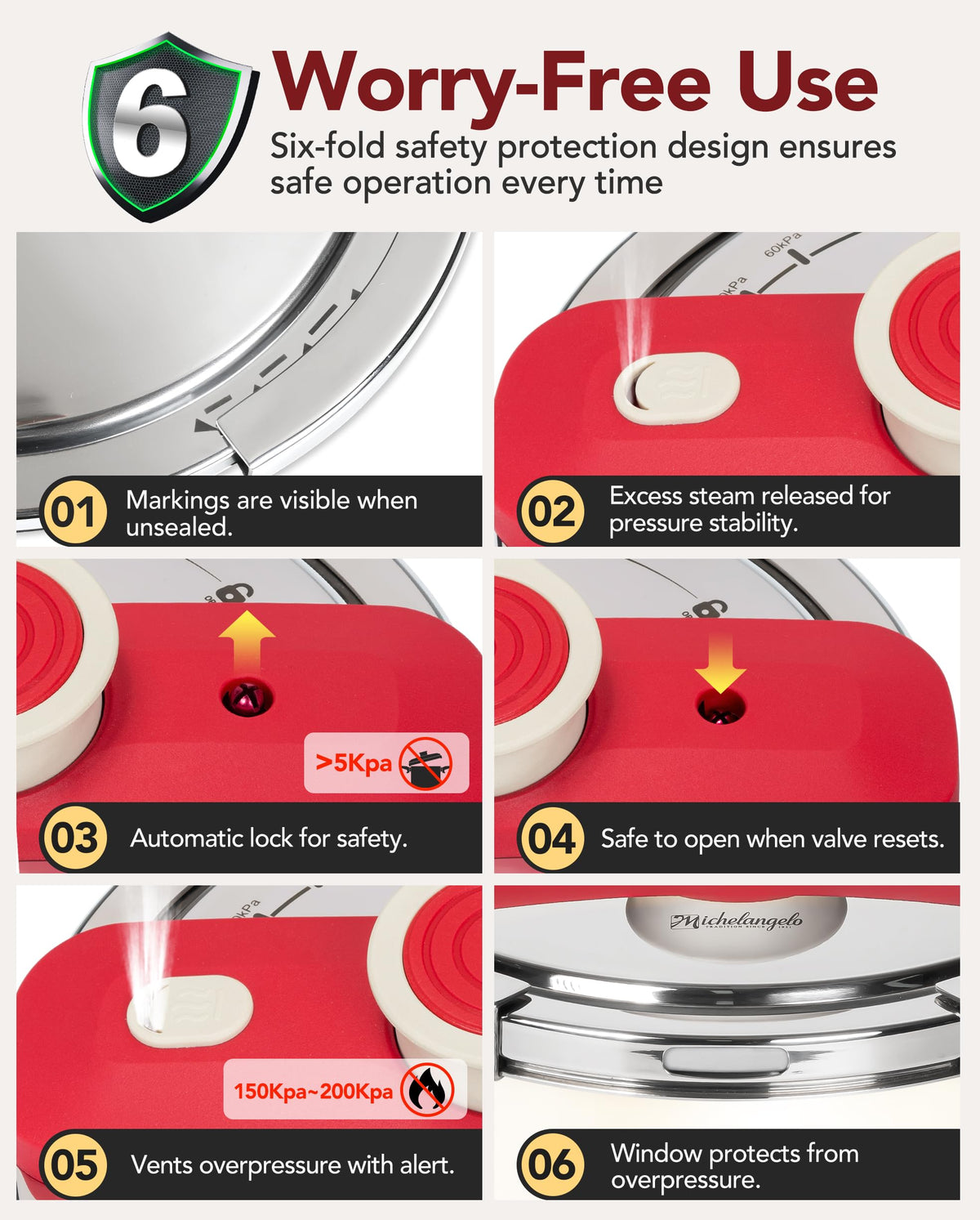 MICHELANGELO Stovetop Pressure Cooker Stainless Steel, 8.5 qt, 304 Stainless Steel, 6-Fold Safety System, One-Hand Easy-Open Lid, 2 Pressure Settings, Steamer Basket & Glass Lid, Induction Compatible