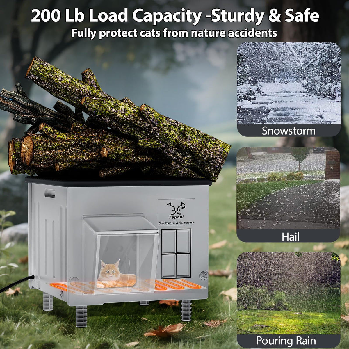 Indestructible Heated Cat House for Outside - Extremely Waterproof & Weatherproof Heated Outdoor Cat House with Escape Door for Winter, Insulated Feral Cat Shelter for Barns Strays, 17.7x15x17.5 in