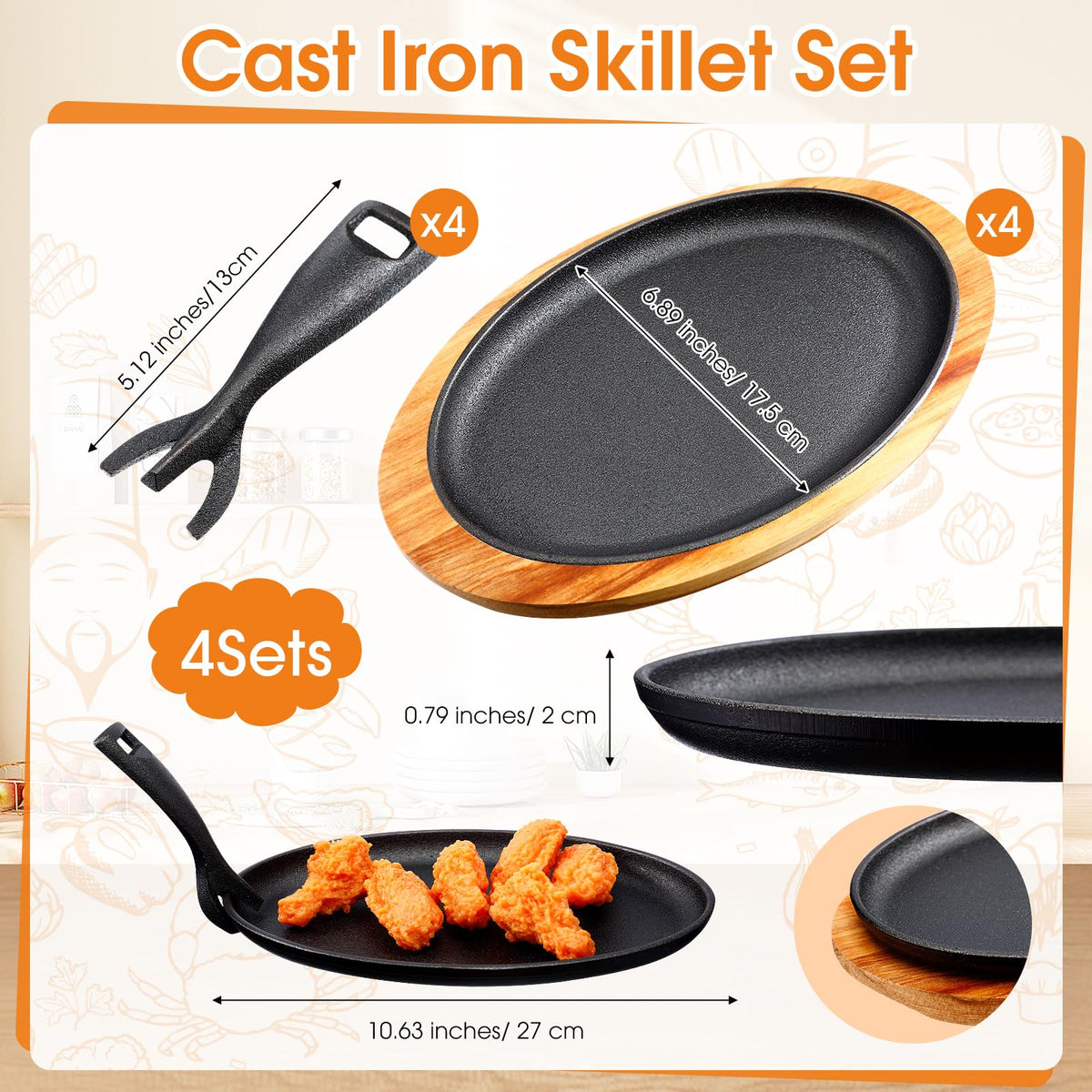 FoldTier 4 Sets Cast Iron Fajita Skillet 10.63"x6.89" with Wooden Base Sizzling Pan for Restaurant Kitchen BBQ Party, Removable Handle, Anti Scald Wooden Base, Skillets Trays Handles