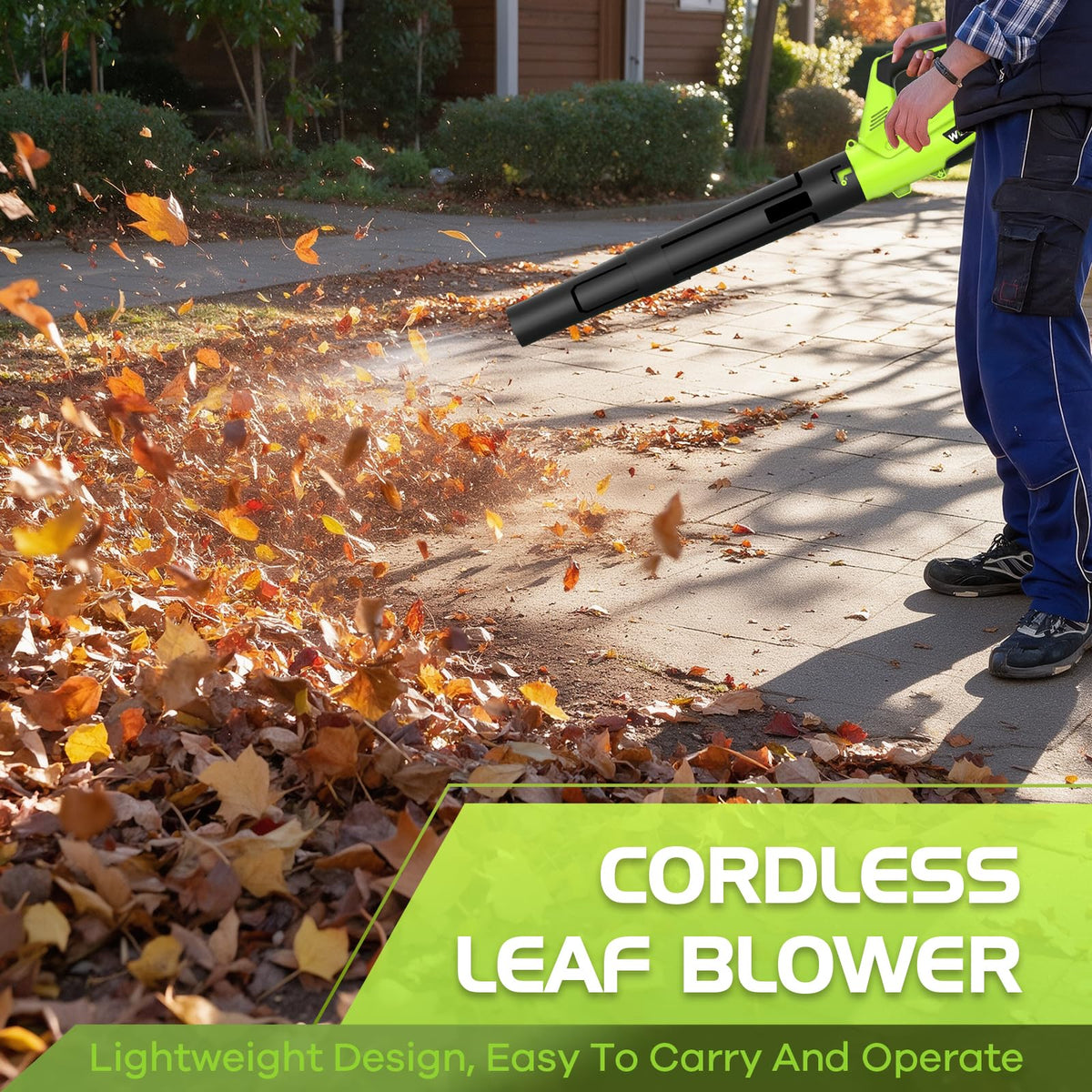 Leaf Blower Cordless, 450 CFM Electric Cordless Leaf Blower with 2 Batteries and Charger, 2 Speed Mode, Lightweight Leaf Blowers for Lawn Care, Blowing Leaves, Patio Cleaning and Dust, Bright Green