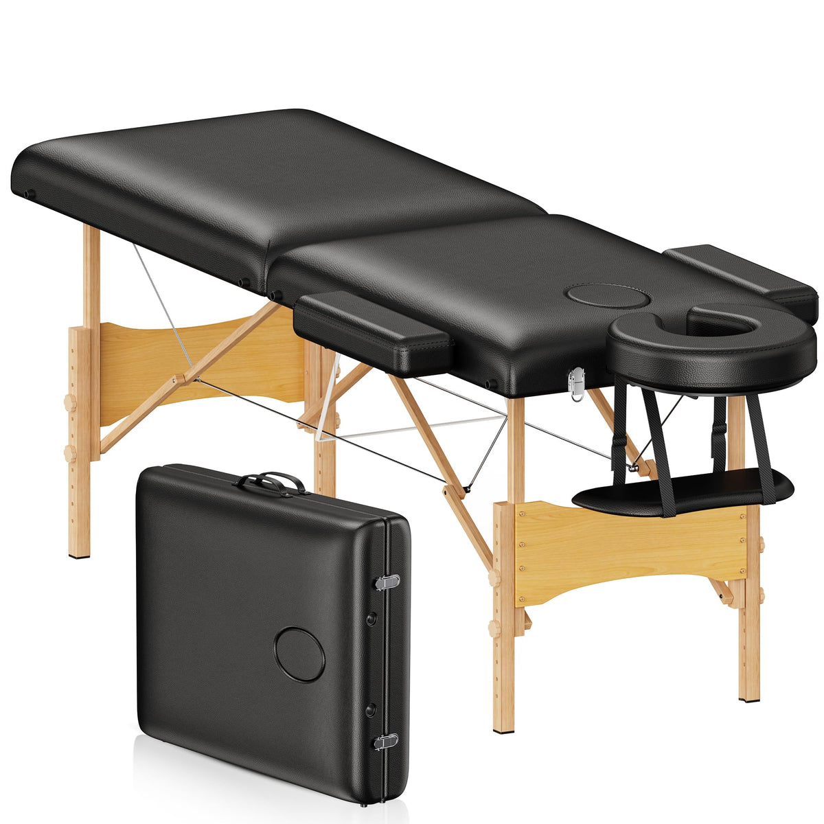 Brelley Massage Table Portable Wooden Lash Bed 2-Fold Tattoo Bed, Black Massage Bed Adjustable Height, Beech Wood, 490Lbs Load Capacity, Portable Esthetician Lash Spa Salon Tattoo Bed