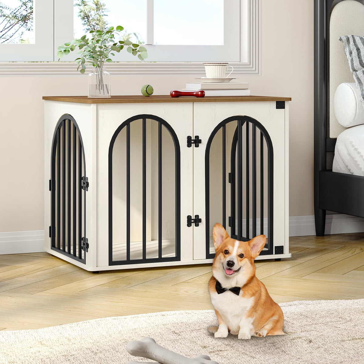 Hzuaneri 31.5 in Dog Crate Furniture,Dog Kennel Indoor for Small/Medium Dog Dog Kennel Furniture Wooden Dog Cage Heavy Duty Dog Crate Decorative Pet House End Side Table TV Stand,White Brown DFC85114B