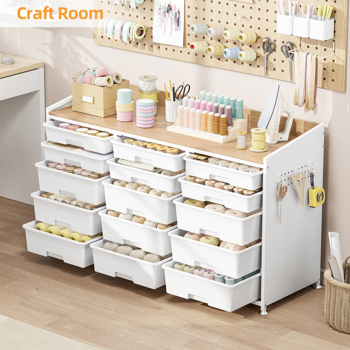 Wood Top Storage Cabinet with 15 Drawers, Pegboard & Adjustable Feet, White Classroom Storage with Ample Bins,Craft Organization,Stable Framework,Cubbies for Homeoffice&Toy Supply