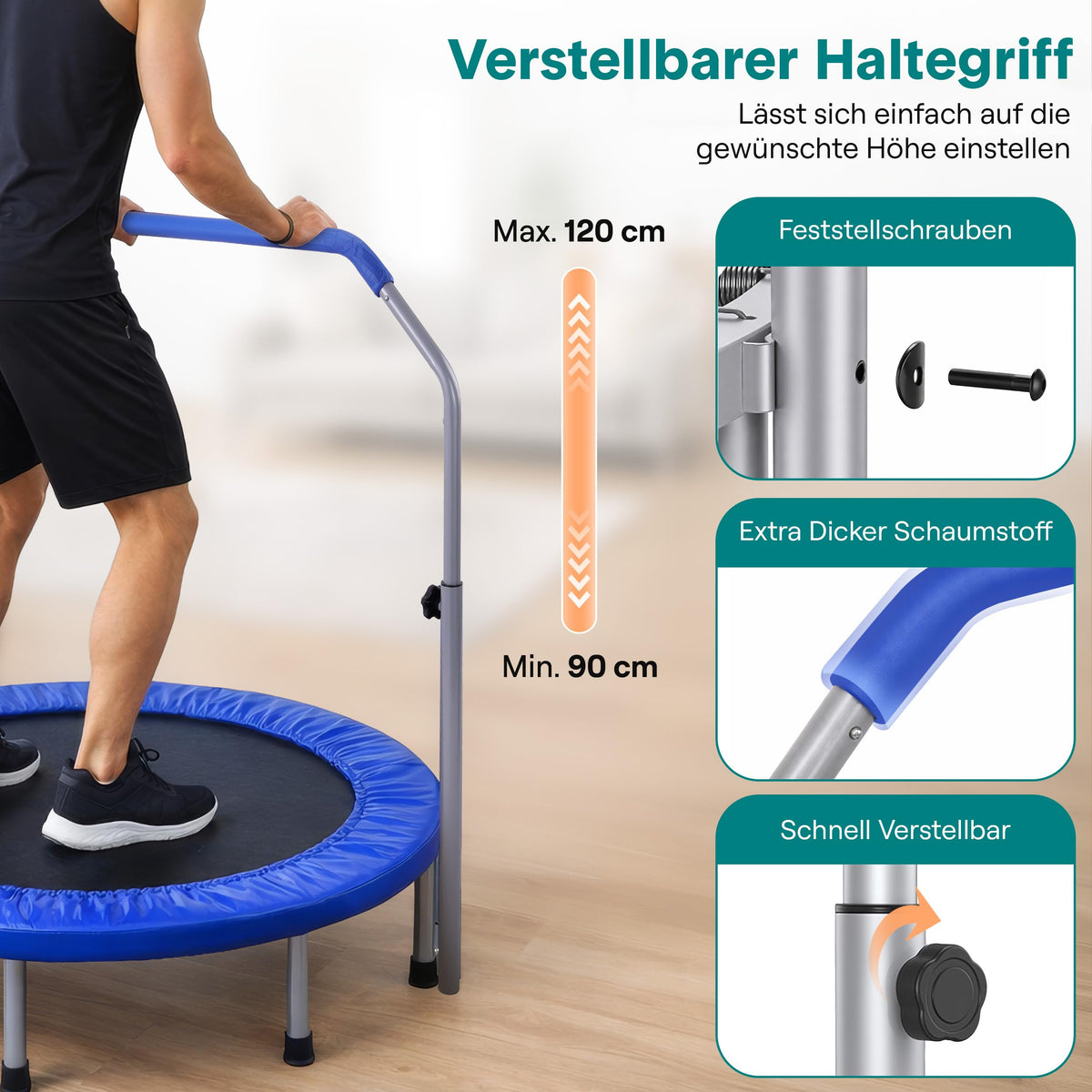 SereneLife 40" Foldable Mini Trampoline for Adults - Compact Fitness Rebounder with Adjustable Foam Handle, Exercise Trampoline with Max Load 330lbs, Indoor/Garden Whole-Body Workout