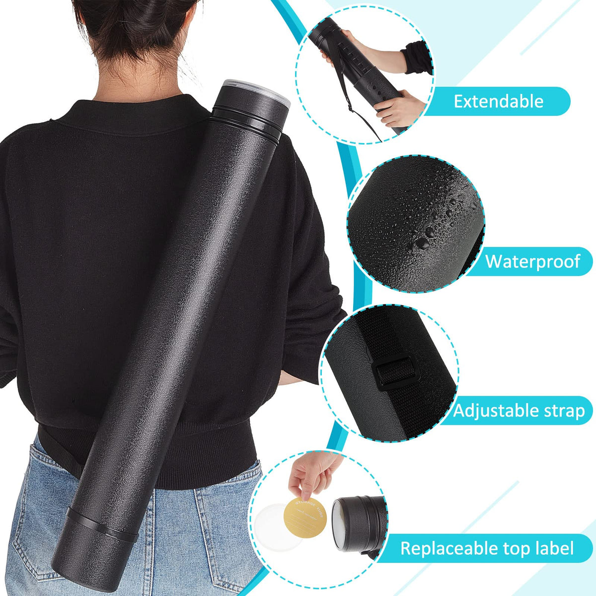Henoyso 12 Pcs Extendable Poster Tube Bulk from to with Strap, L Portable & Waterproof Black Plastic Blueprint Holder with Label Lid for Artworks, Maps, Posters, Documents