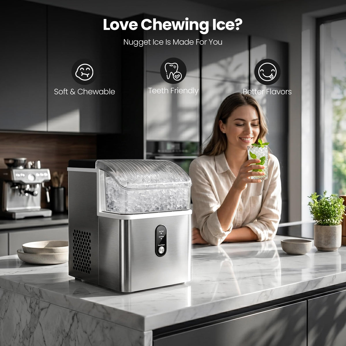 Crzoe Nugget Ice Maker Countertop, 35lbs/Day, Portable Pebble Ice Machine Sonic Crushed Ice Maker Countertop, Ready in 7 Mins, 43 dB Quiet, Self-Cleaning, for Home/Office, Stainless Steel Silver