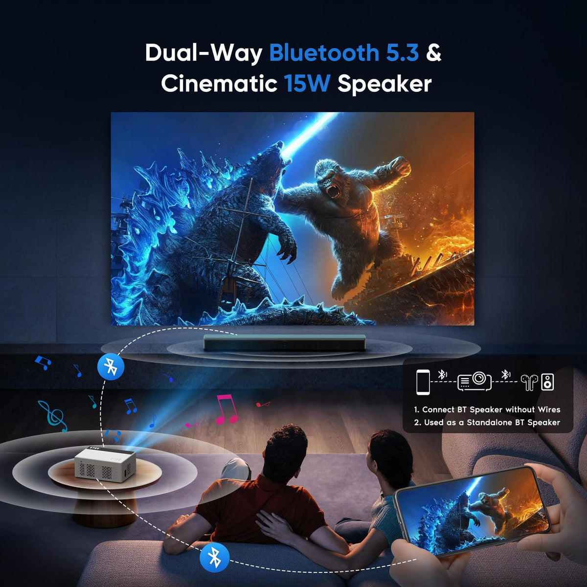 TMY Native 1080P Mini Portable Projector, 2-way Bluetooth, with 80in Screen 4K Support, 15W Powerful Speaker, Indoor/Outdoor Movies, Zoom & Timer Shutdown, TV Stick/Phone/PC/PS5/DVD/HDMI/USB Compatible