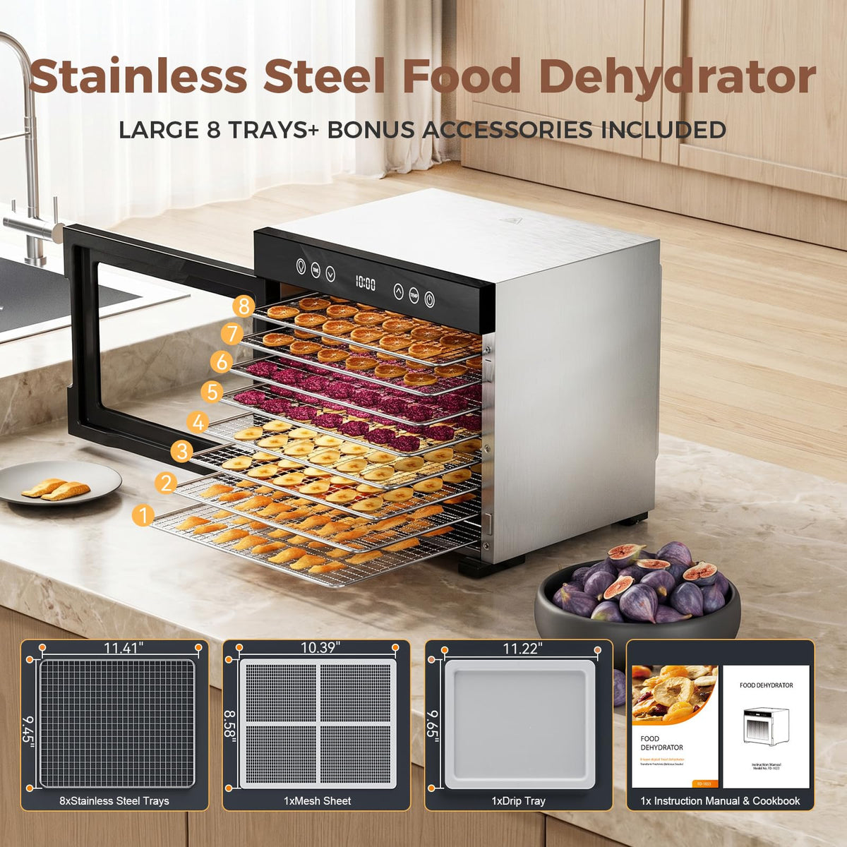 Food Dehydrator Machine, Large Food Dryer with 8 Stainless Steel Trays 650W Faster Drying, 95℉-167℉ Temperature Control, 48H Timer