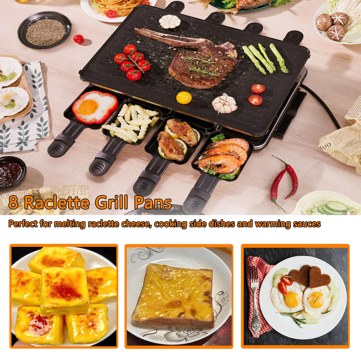 Electric Korean BBQ Indoor Grill Table Smokeless Portable Griddle Raclette Grill Nonstick with 8 Cheese Maker Pans Temperature Control & Dishwasher Safe 1300W Ideal for Parties and Family Fun