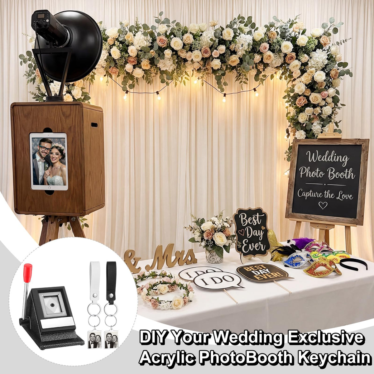 61 Pcs Button Keychain Photo Cutter 35 x 45 mm Keychain Maker 1 Pcs Photo Keychain Maker Machine, 30 Double Sided Acrylic Frame Keyring 30 PU Leather Keychains