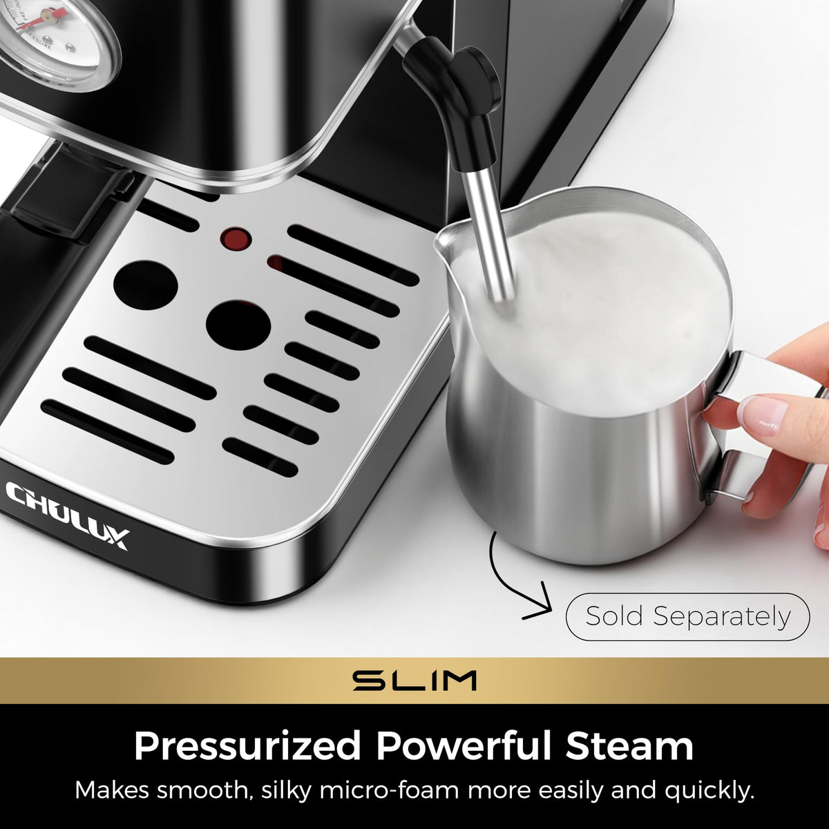 CHULUX Slim Espresso Machine with Milk Frother for Home Cappuccino, Black Precise Pressure Gauge, Food-Grade Materials, 20 Bar Italian Pump, Professional Temperature Control System, Stainless Steel