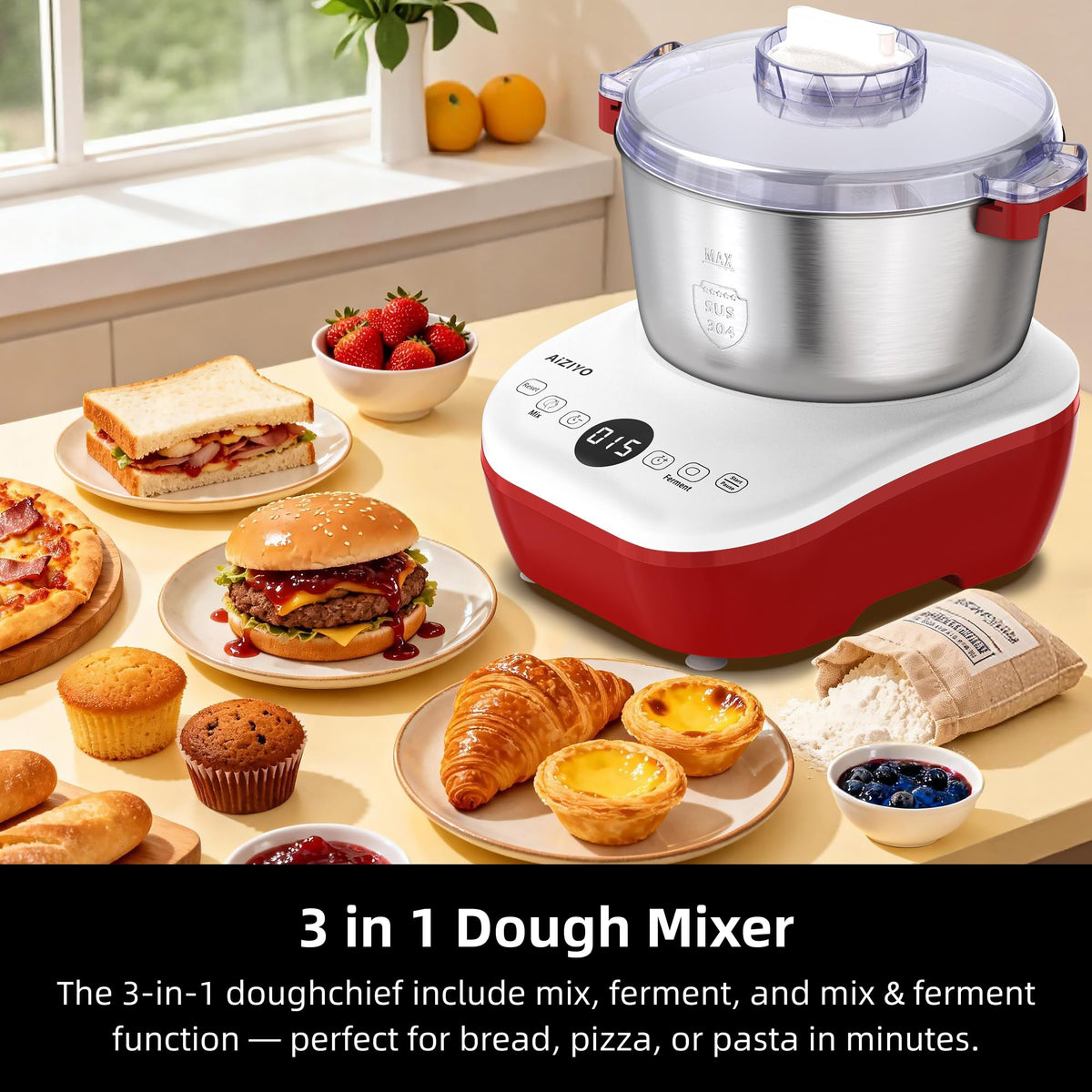 AIZIYO DoughChief, Electric Dough Mixer 7.4Qt with Ferment Function, Dough Maker 304 Stainless Steel Bowl, Microcomputer Control, Face-up Touch Panel, Easy To Clean for Bread & Pizza