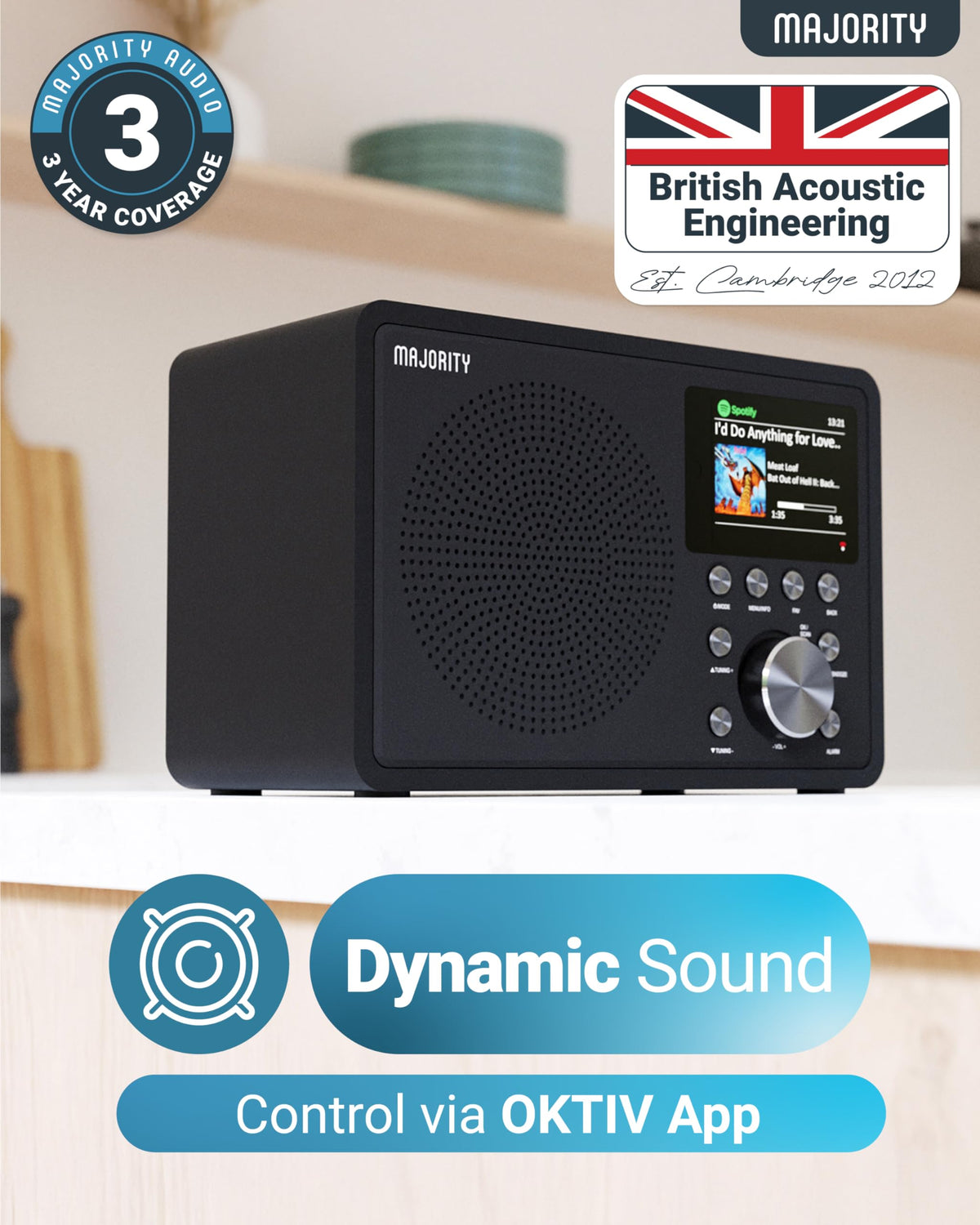 Internet Radio for Home with WiFi and FM | DSP Speaker Perfect for Bedroom, Kitchen, and Living Room Use | FM, Spotify Connect, Multi-Alarm, Frontier Oktiv App Control | Majority Touro