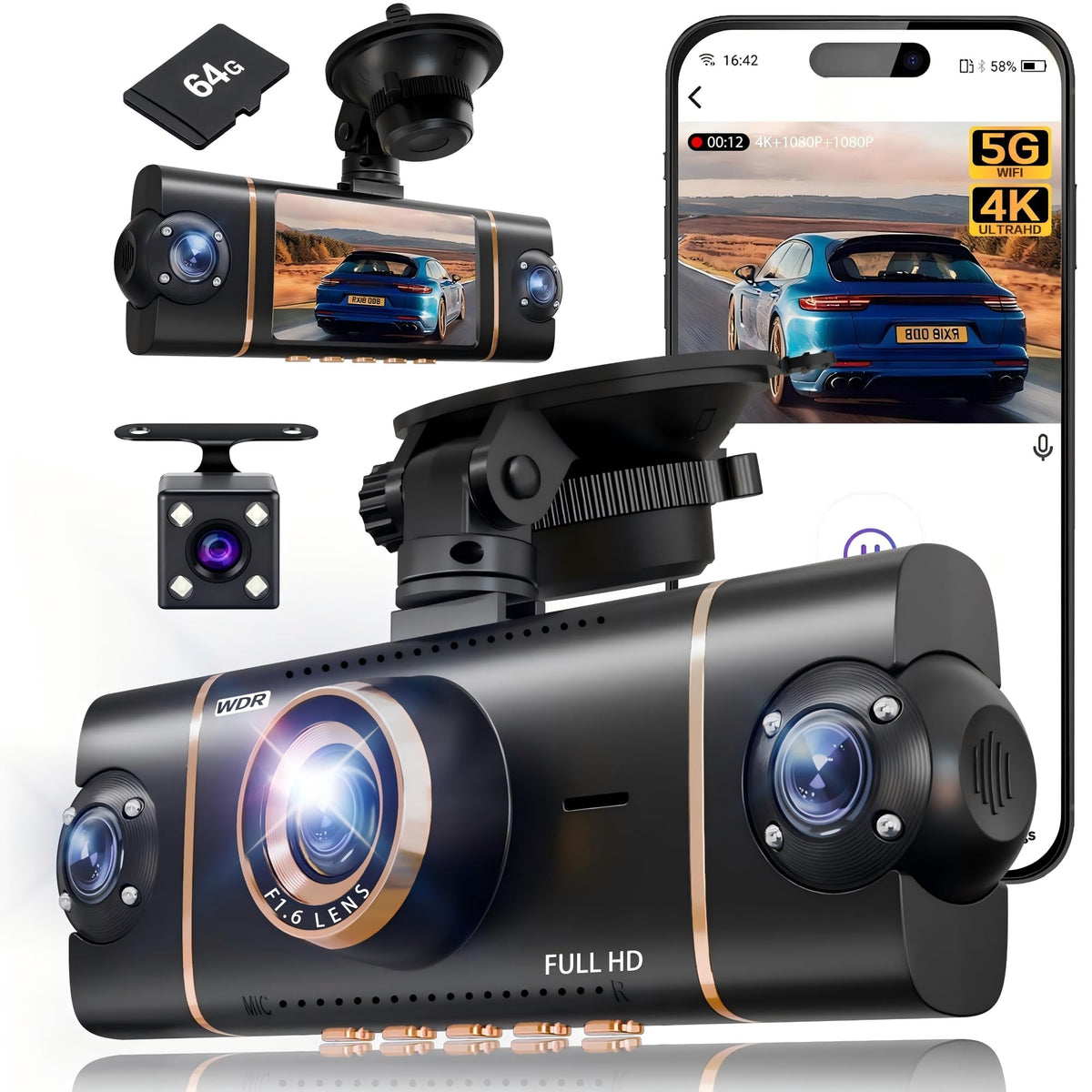 4 Channel 360° Dash Cam Front and Rear, 4K+1080P*3 FHD Car Camera 5GHz WiFi and App Control, 24H Parking Mode, 8 IR Lamps Night Vision, Loop Recording, Includes 64GB SD Card, Black