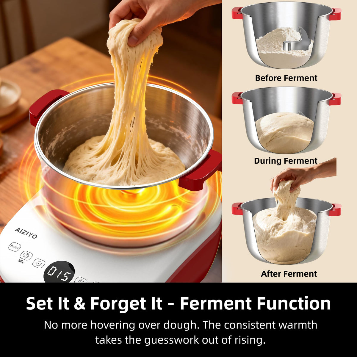 AIZIYO DoughChief, Electric Dough Mixer 7.4Qt with Ferment Function, Dough Maker 304 Stainless Steel Bowl, Microcomputer Control, Face-up Touch Panel, Easy To Clean for Bread & Pizza