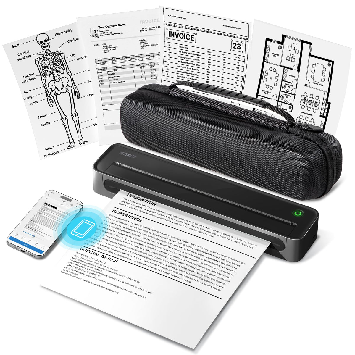 D90E Inkless Portable Thermal Printer with Case – 8.5" x 11", Black Wireless Bluetooth Small Compact Mobile Printer for Travel/Office/School/Home, Compatible with iPhone, Tablet & Laptop