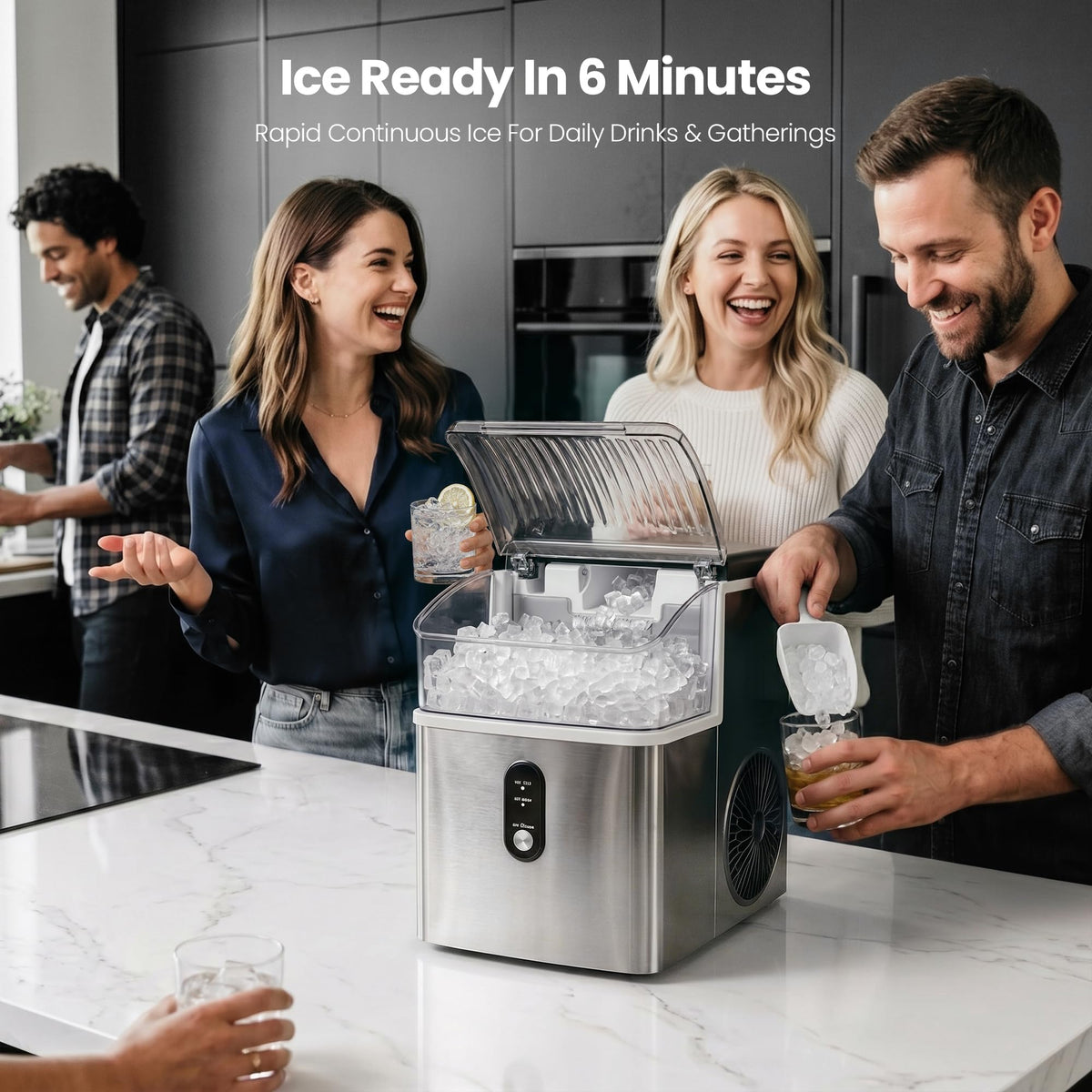 Crzoe Nugget Ice Maker Countertop, 35lbs/Day, Portable Pebble Ice Machine Sonic Crushed Ice Maker Countertop, Ready in 7 Mins, 43 dB Quiet, Self-Cleaning, for Home/Office, Stainless Steel Silver