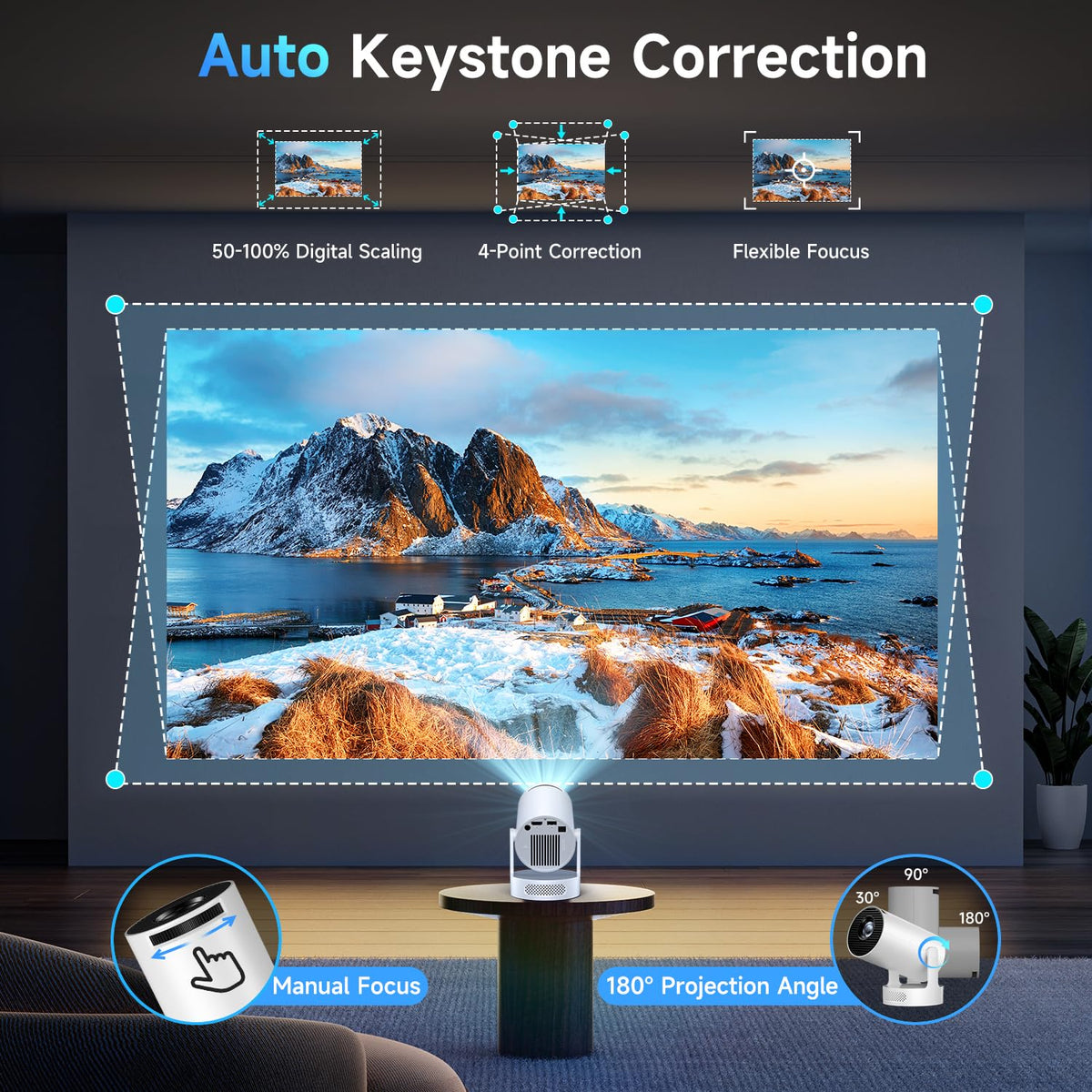 Mini Projector with WiFi 6 and BT 5.4, Built-in Apps 2026 Upgraded 1080P/4K Support, 180° Rotation, Wi-Fi 6 & Bluetooth 5.4, Automatic Keystone Correction, Fast Focus, 25 dB for home cinema