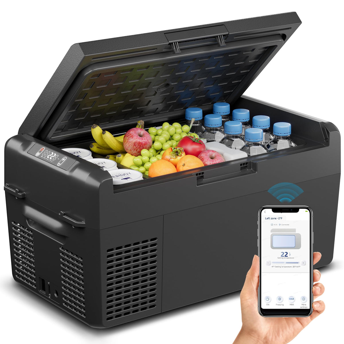 Feelfunn 12V Refrigerator 21QT Portable Freezer Electric Cooler Black APP Control, Fast Cooling 15-Mins, -4℉~68℉ Portable Fridge 12/24V DC & 110-240V AC for Truck, RV, Van, Camping & Road Trip