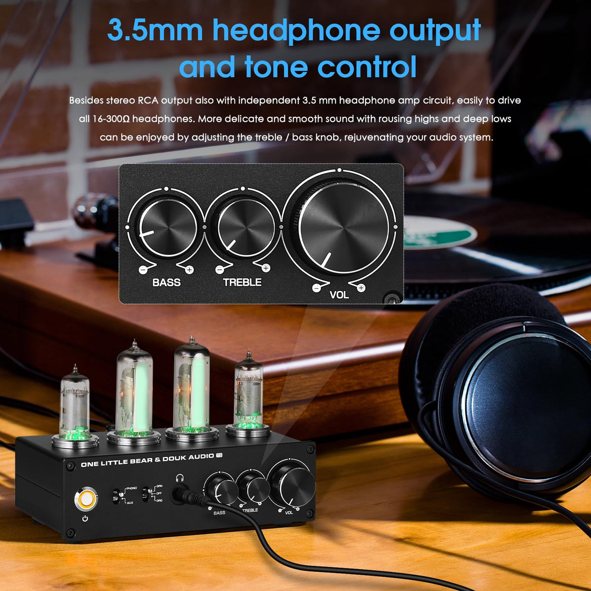 Douk Audio T9 Vacuum Tube Phono Preamp Stereo Turntable Preamplifier with Headphone Output and Treble Bass Control for MM/MC Record Player, Home Hi-Fi Audio, Amplifier, Speaker