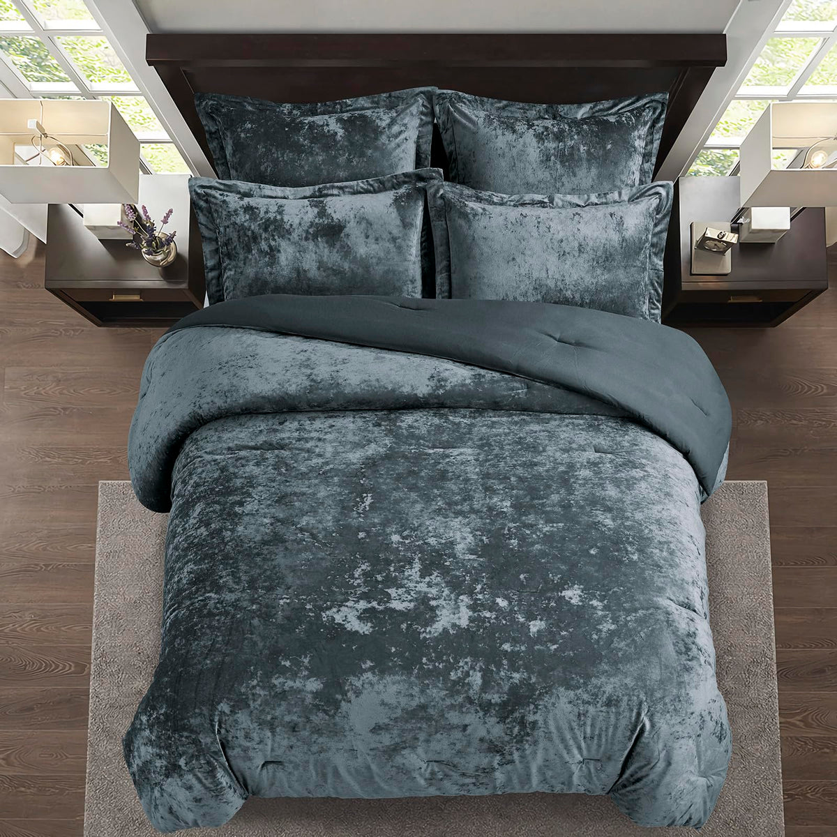 Fredsure Distressed Velvet Comforter Set, 5 Pieces Smoke Blue King, Distressed Velvet Face and Brushed Microfiber Reverse