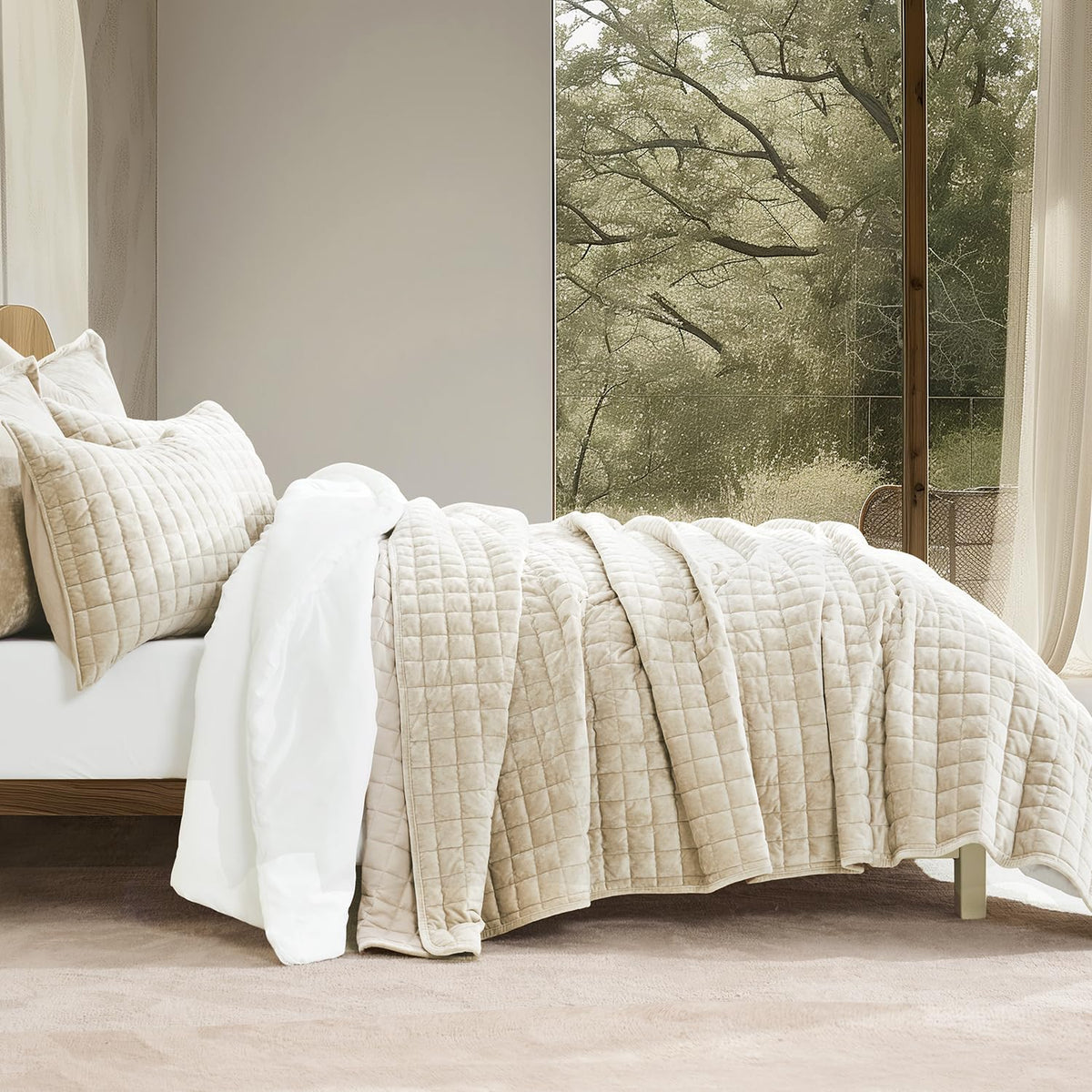 RECYCO Channel Box Stitch Velvet Quilt Set, King Size, Beige Ultra Soft Lightweight Velvet Comforter, Luxury Oversized Bedspread Coverlet, Quilted Bedding Set for All Season with 2 Shams