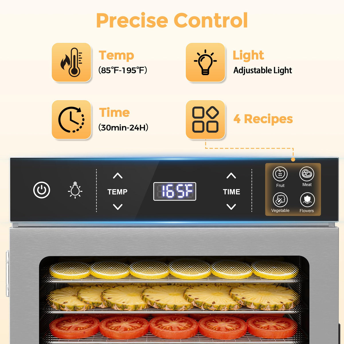 Suteck 12-Tray Food Dehydrator, Stainless Steel, 4 Presets for Jerky&Fruit Dual Fans & 360° Airflow | 95-195°F | 24H Timer | Quiet ≤45dB | Make Jerky, Fruit, Veggies, Herbs & More