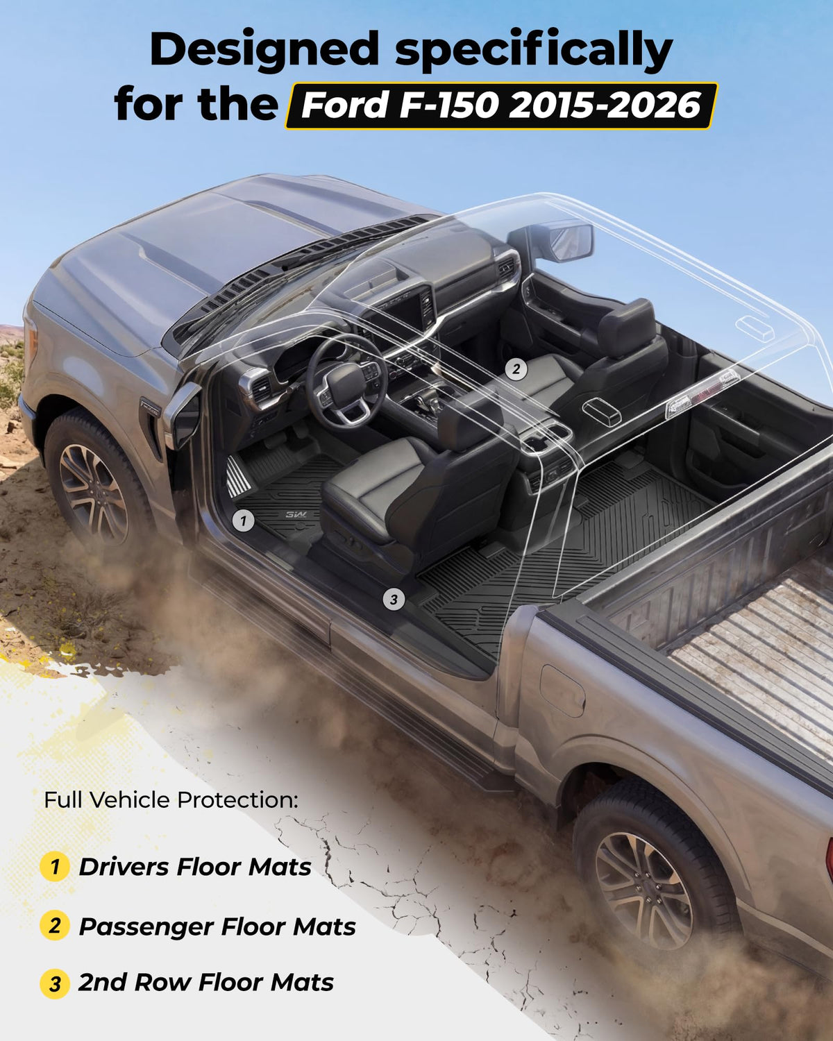 3W Floor Mats (with Metal Pedals) for Ford F-150 2015-2026 SuperCrew F150 Lightning 2022-2025 SuperCrew(w/o Fold Flat Storage), TPE All Weather Custom Fit, 3PCS | Heavy Duty, Easy Clean - Black