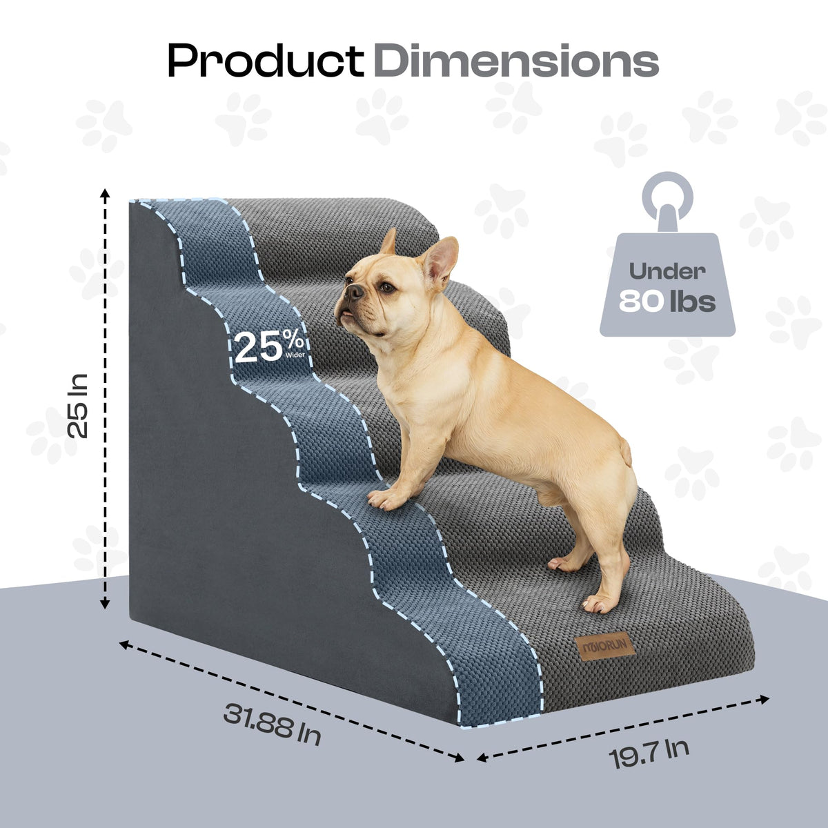 Miorun Extra Wide Dog Stairs for Large Dogs, 25" H Pet Steps for High Beds CertiPUR-US,20"W High-density foam,5-Step fits beds up to 30"tall,for pets up to 80 lb,stable ramp for senior pets