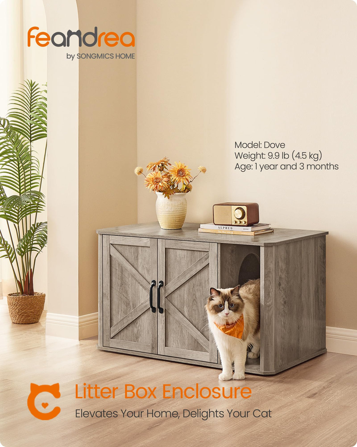 Feandrea Double Cat Litter Box Enclosure for 2 Cats, Front Entry 33.5 x 19 x 19.5 Inches, Farmhouse Furniture, Cat House, Side End Table, TV Stand, Heather Greige
