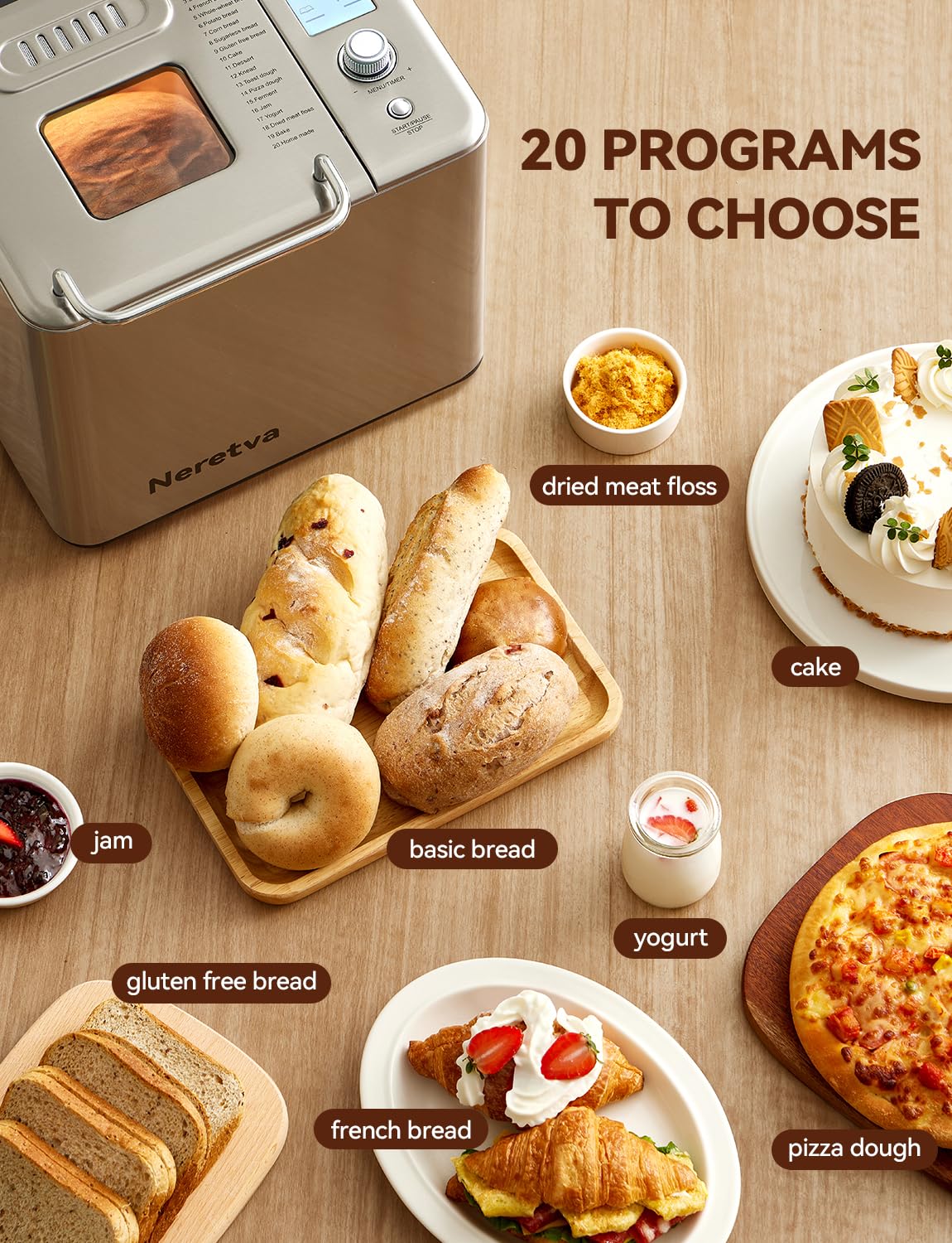 Neretva 20-in-1 2LB Bread Maker Metal Bread Machine with Dual Heater-Silver Automatic Bread Maker Machine with Nonstick Ceramic Pan, Low Noise, Stainless Steel Breadmaker, 15H Timer & 1H Keep Warm Set