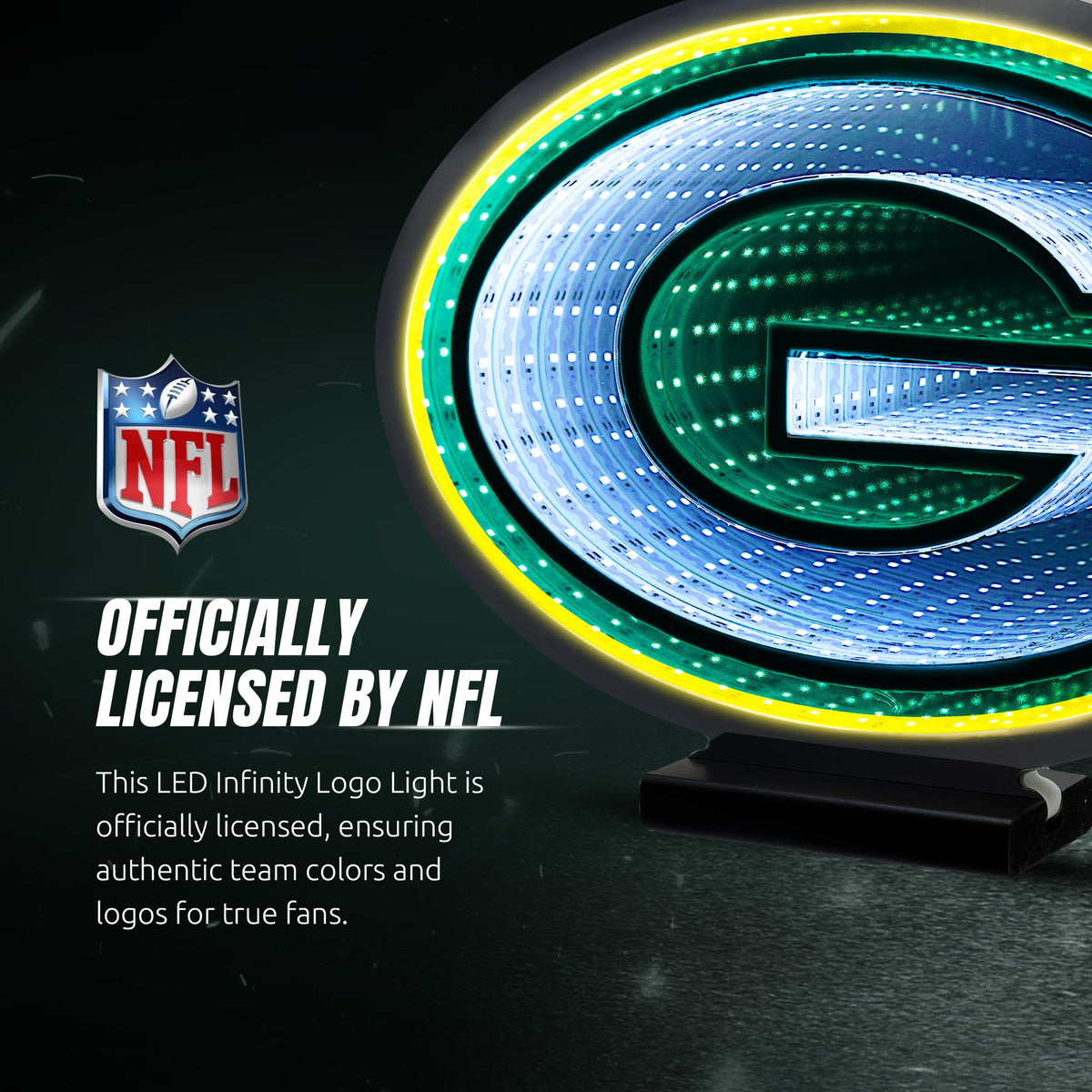 Sporticulture NFL Team Green Bay Packers LED Infinity Logo Light - 3D Light Effect, Acrylic Display with UL Plug and Stand